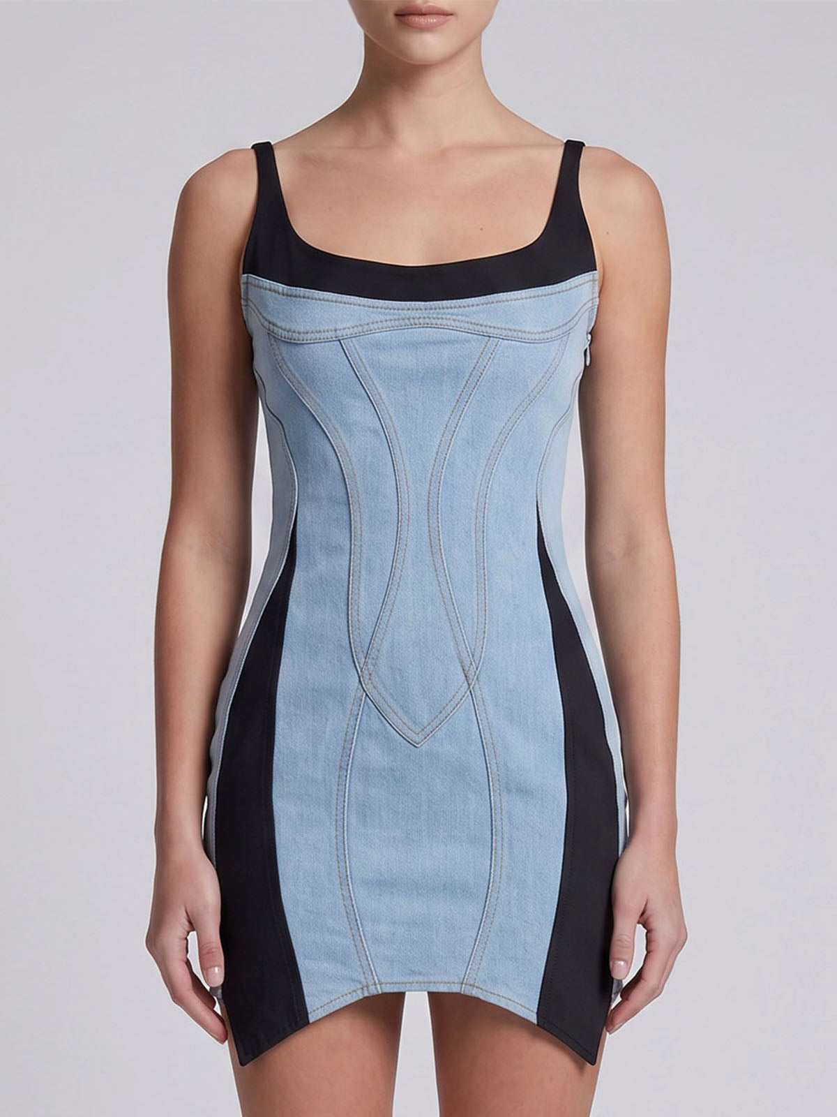 Asymmetrical Contrast Sleeveless Panel Denim Mini Dress - Light Blue