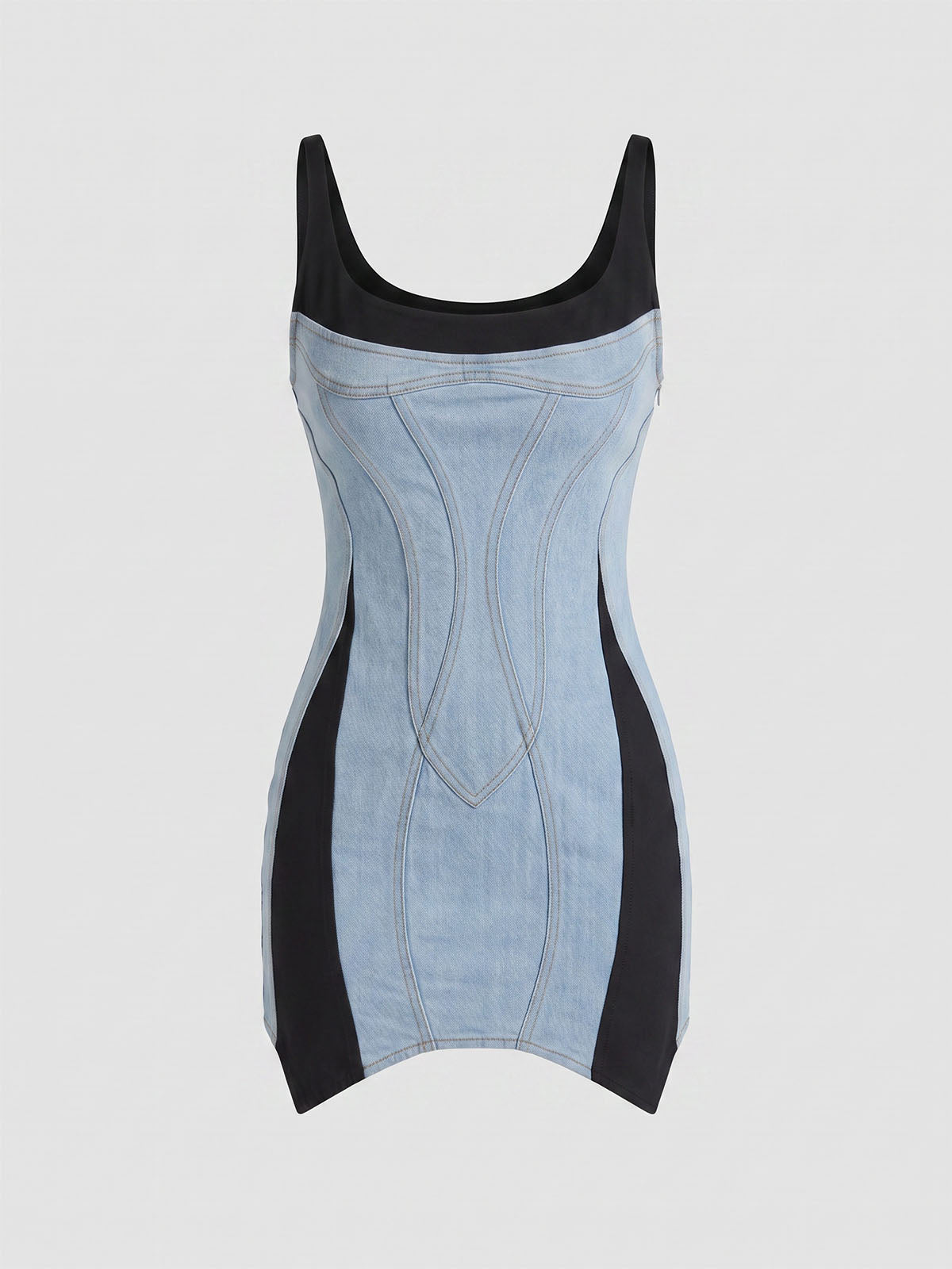 Asymmetrical Contrast Sleeveless Panel Denim Mini Dress - Light Blue
