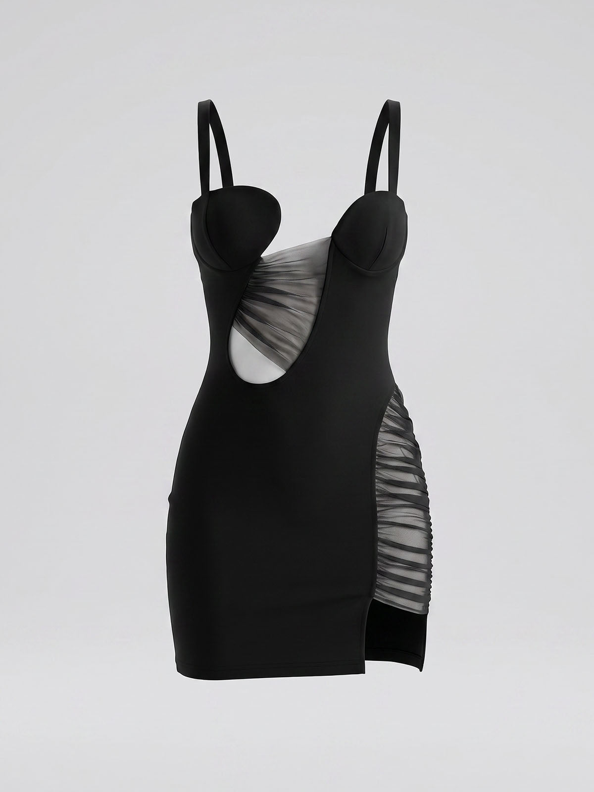 Asymmetrical Cutout Ruched Mesh Sleeveless Bandage Mini Dress - Black
