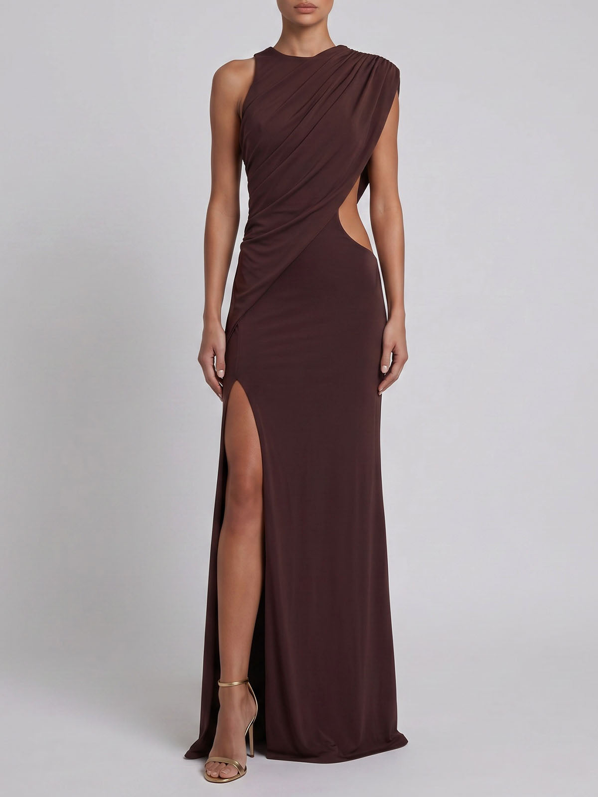 Asymmetrical Draped High Slit Cut Out Formal Maxi Dress - Brown