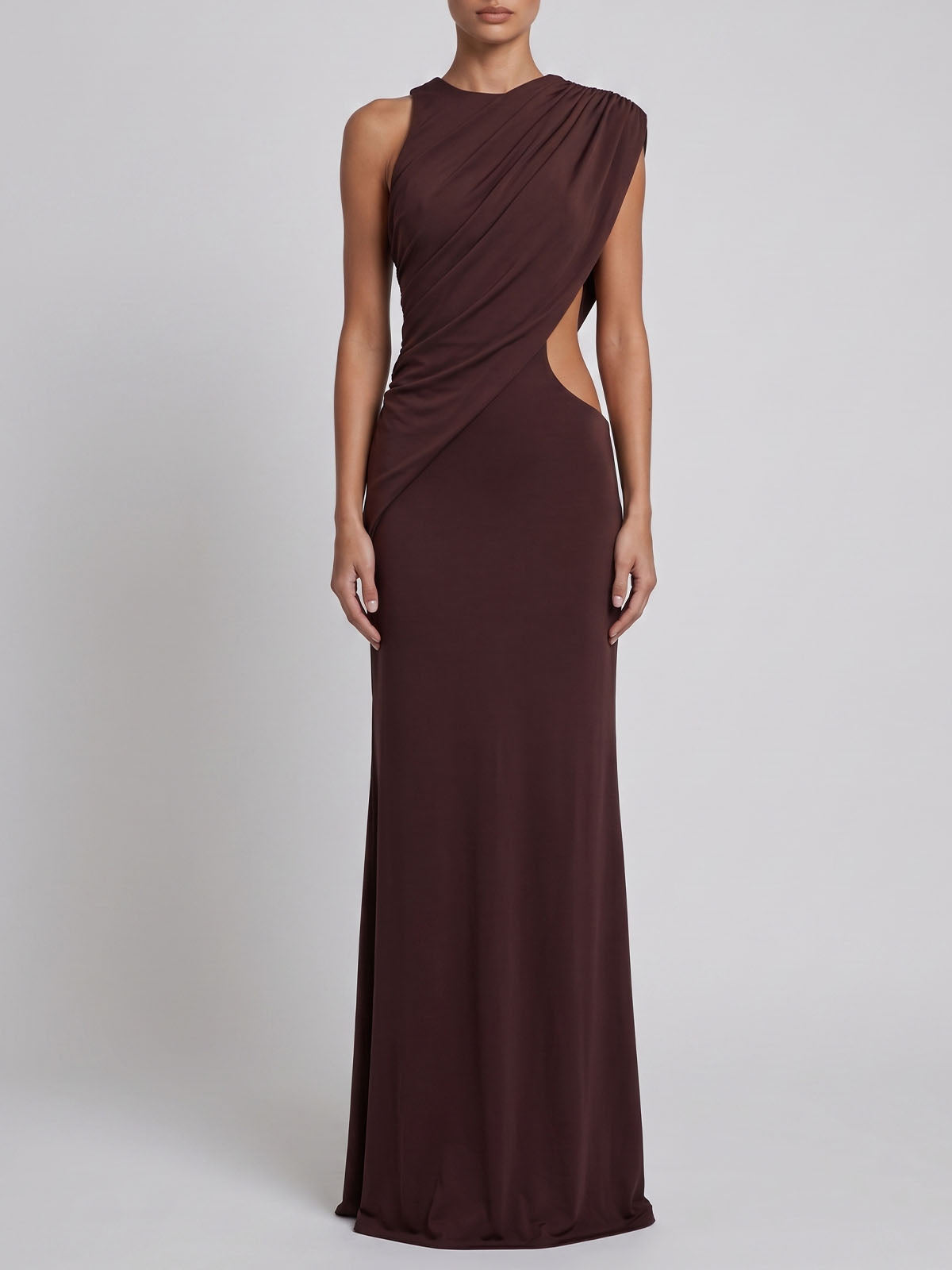 Asymmetrical Draped High Slit Cut Out Formal Maxi Dress - Brown