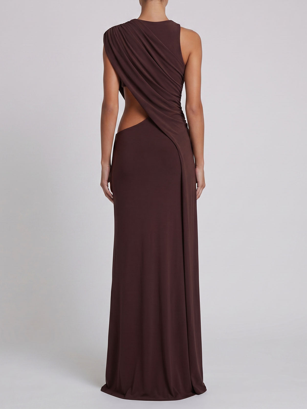 Asymmetrical Draped High Slit Cut Out Formal Maxi Dress - Brown