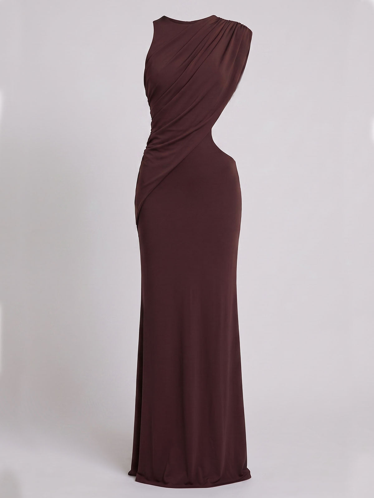 Asymmetrical Draped High Slit Cut Out Formal Maxi Dress - Brown