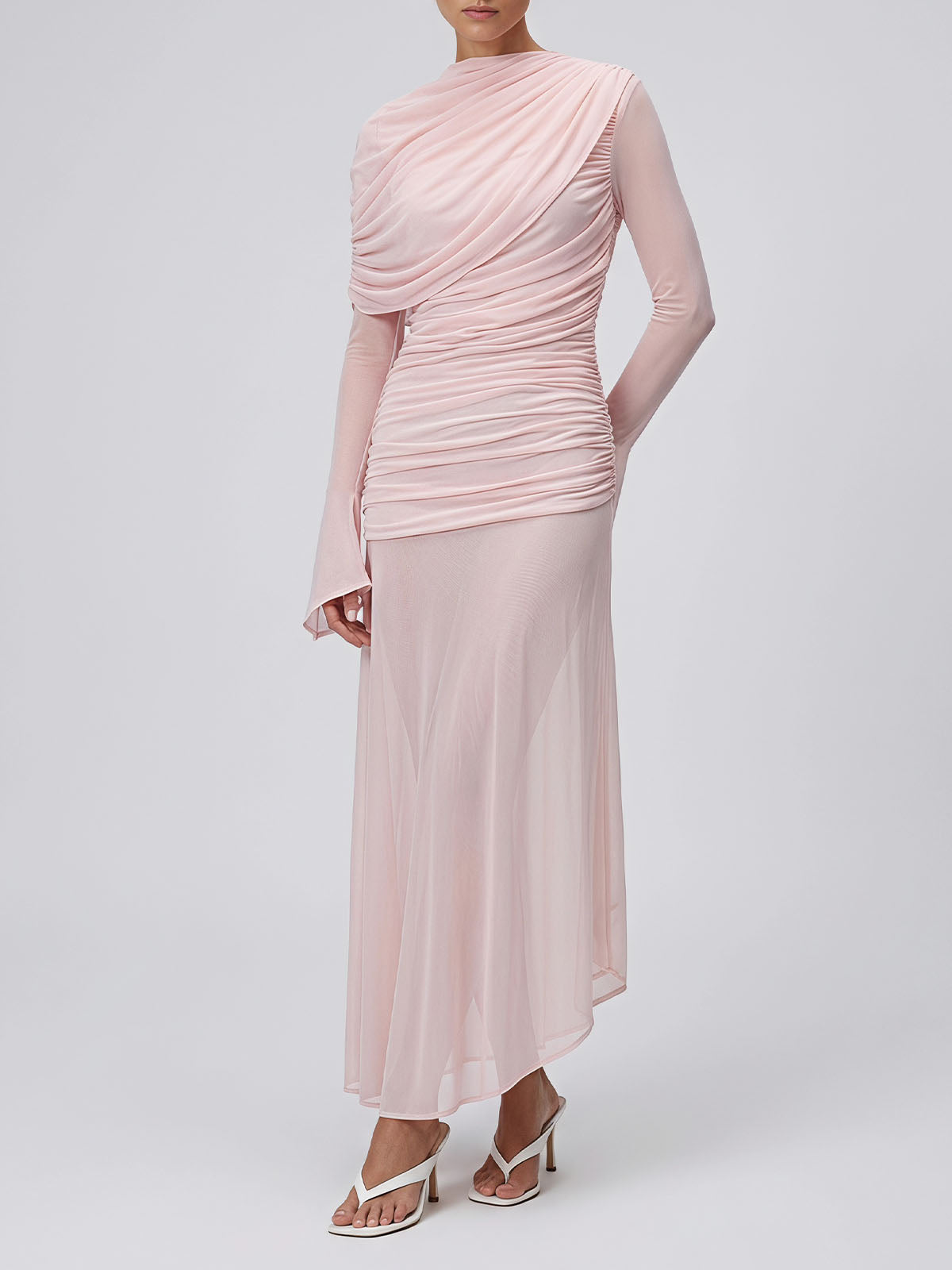 Asymmetrical Draped Neck Mesh Mermaid Formal Maxi Dress - Light Pink