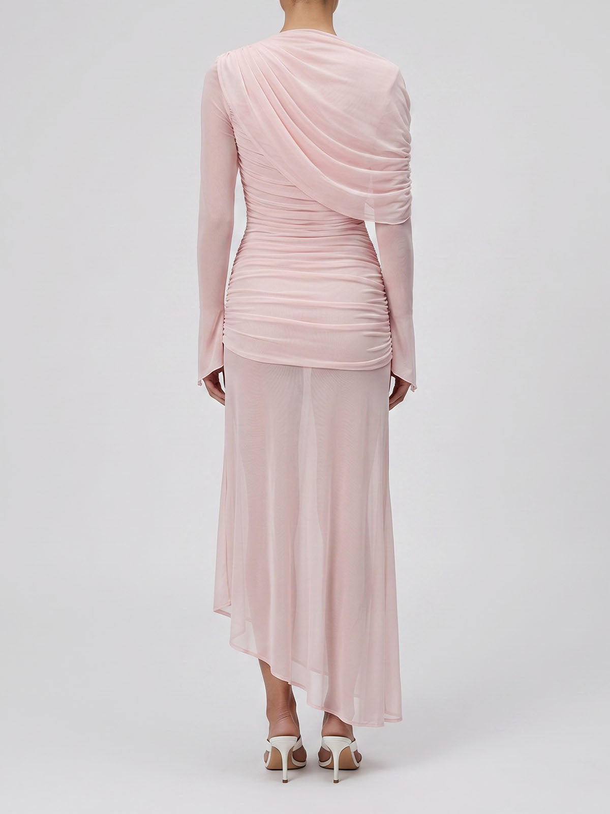 Asymmetrical Draped Neck Mesh Mermaid Formal Maxi Dress - Light Pink