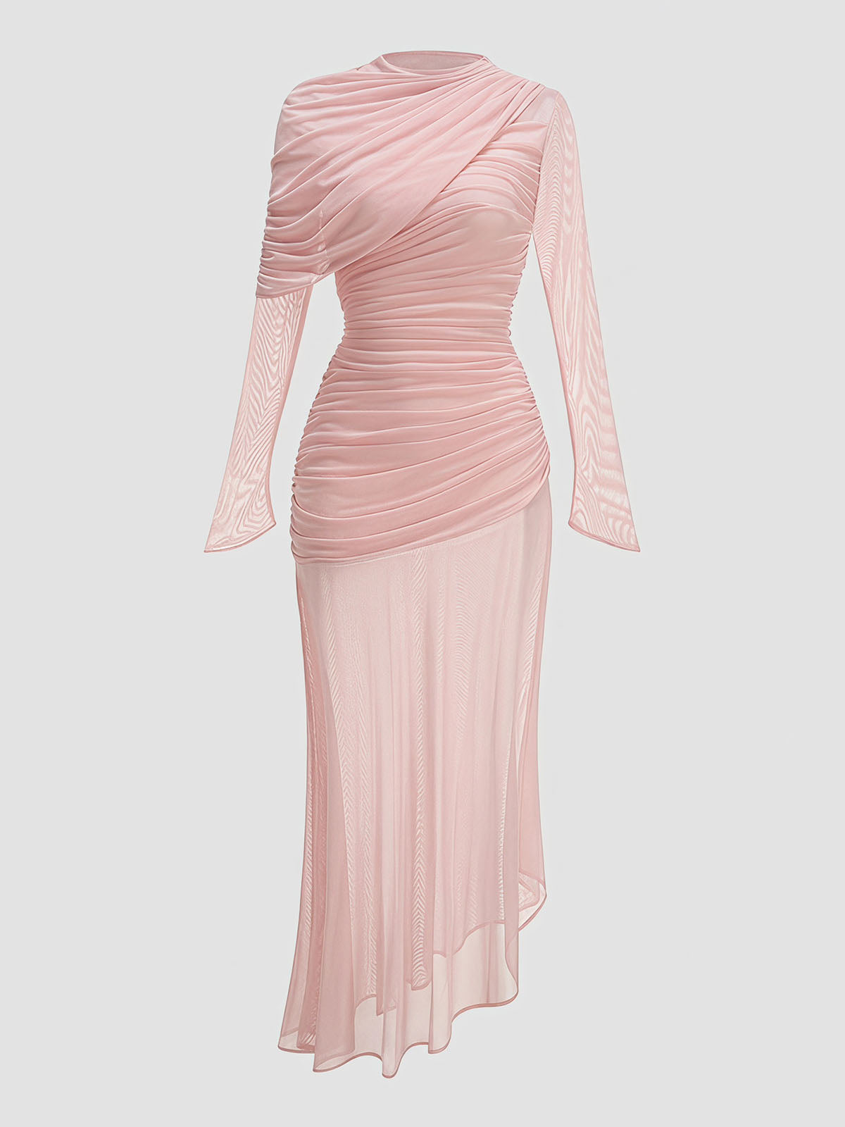 Asymmetrical Draped Neck Mesh Mermaid Formal Maxi Dress - Light Pink