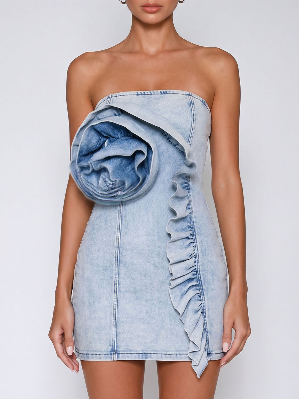 Asymmetrical Flower Ruffle Strapless Denim Mini Dress - Light Blue