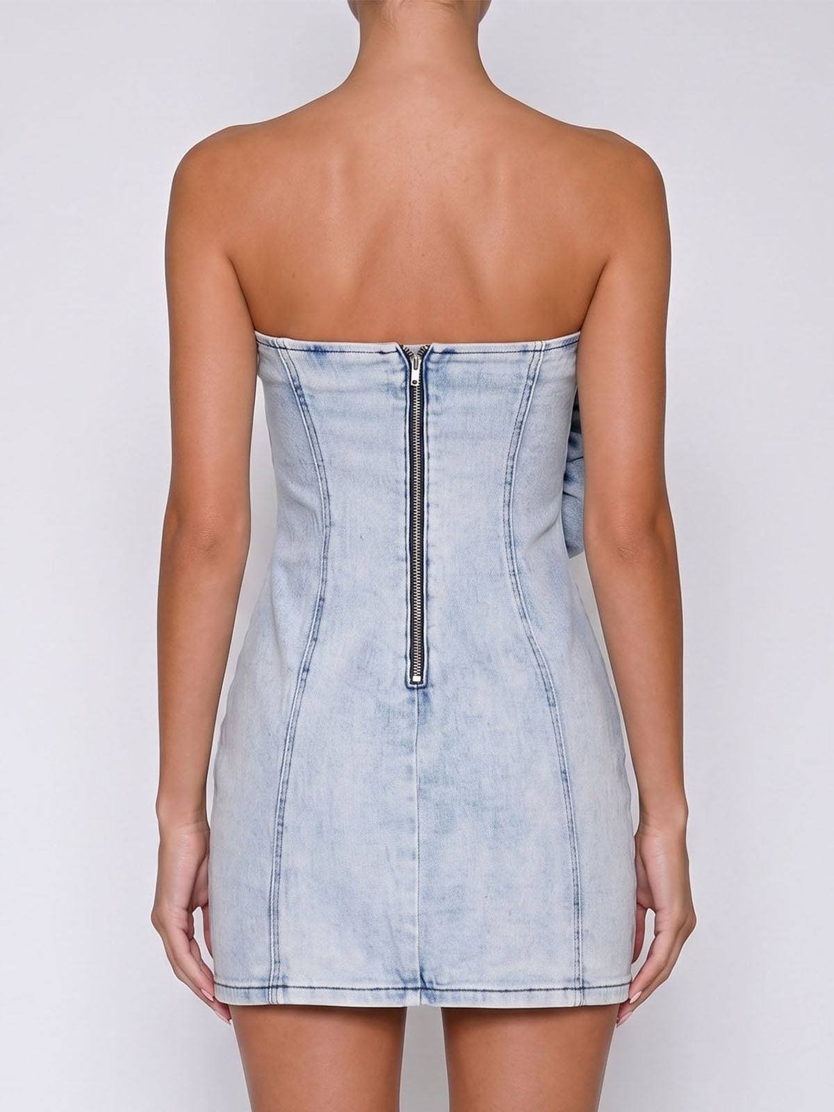 Asymmetrical Flower Ruffle Strapless Denim Mini Dress - Light Blue
