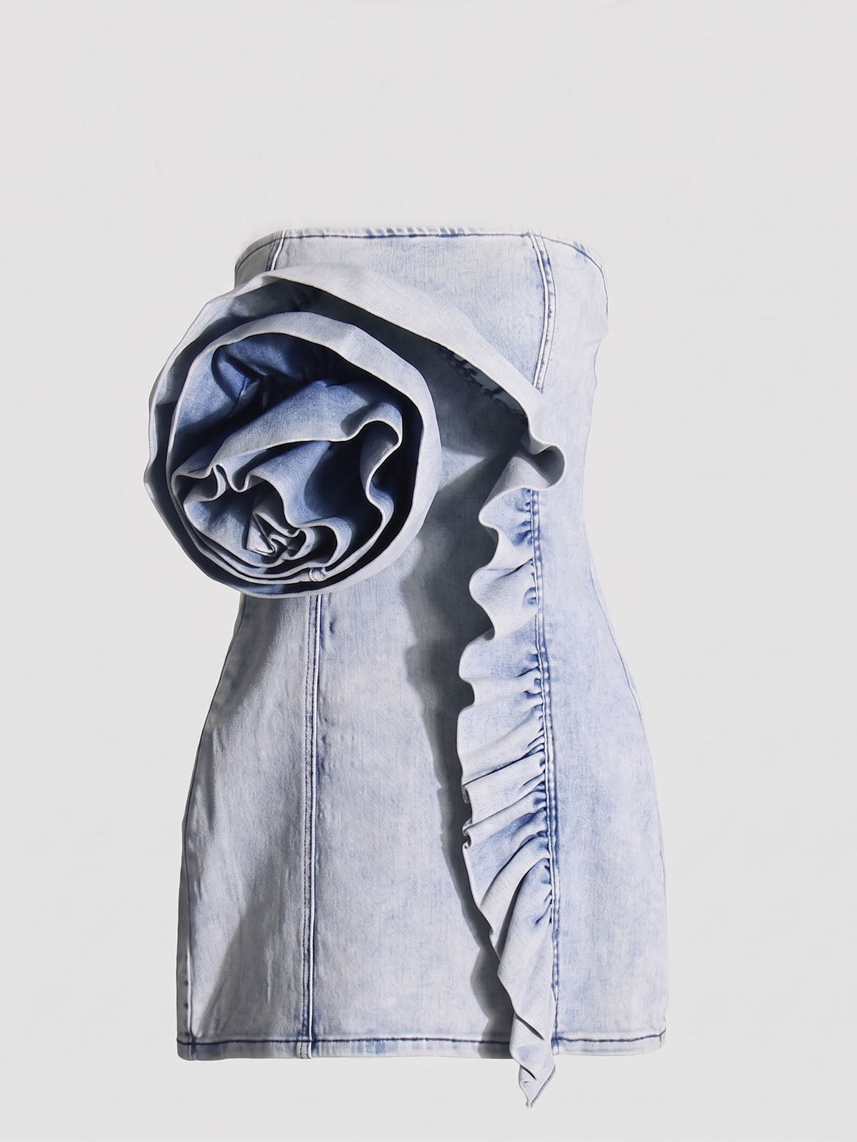 Asymmetrical Flower Ruffle Strapless Denim Mini Dress - Light Blue