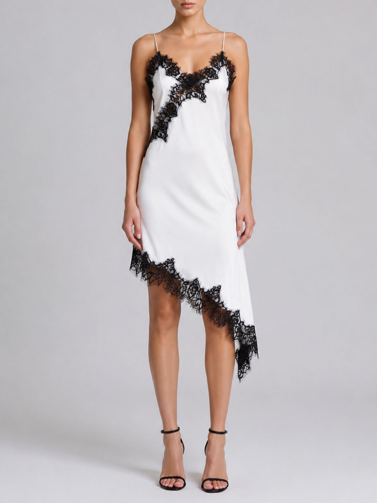 Asymmetrical Lace Trim Plunge Neck Spaghetti Satin Mini Dress - White