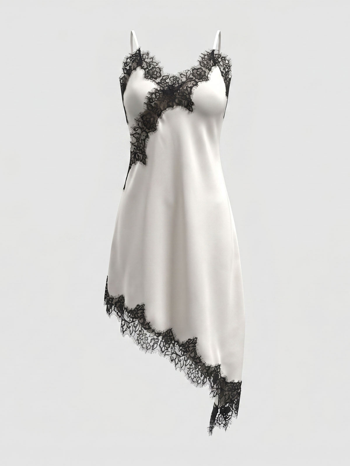 Asymmetrical Lace Trim Plunge Neck Spaghetti Satin Mini Dress - White