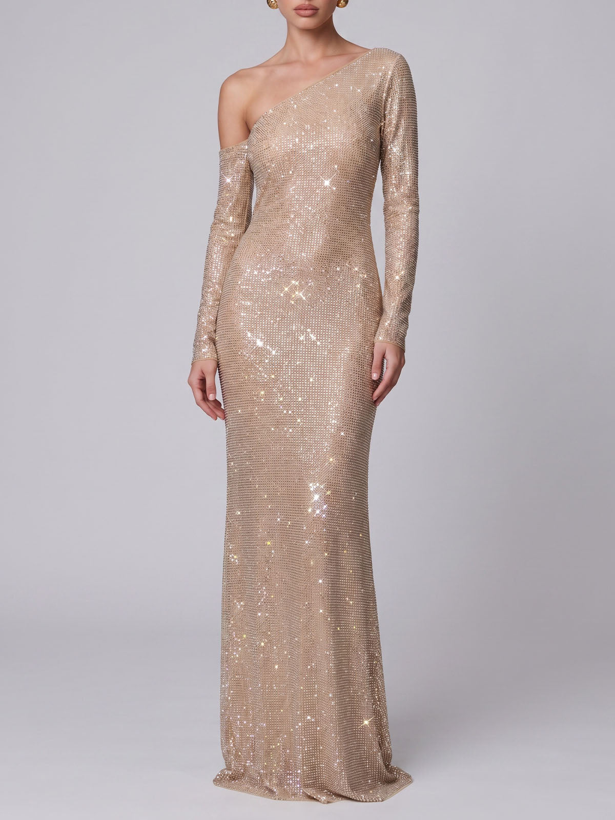 Asymmetrical Long Sleeve Crystal Mesh Fishtail Maxi Dress - Champagne