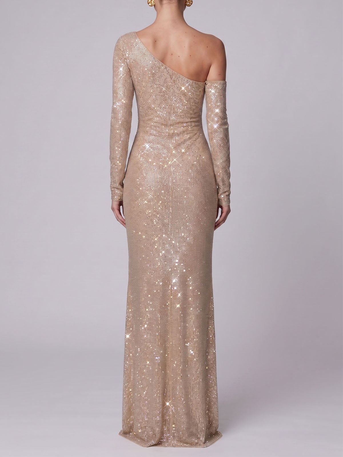 Asymmetrical Long Sleeve Crystal Mesh Fishtail Maxi Dress - Champagne