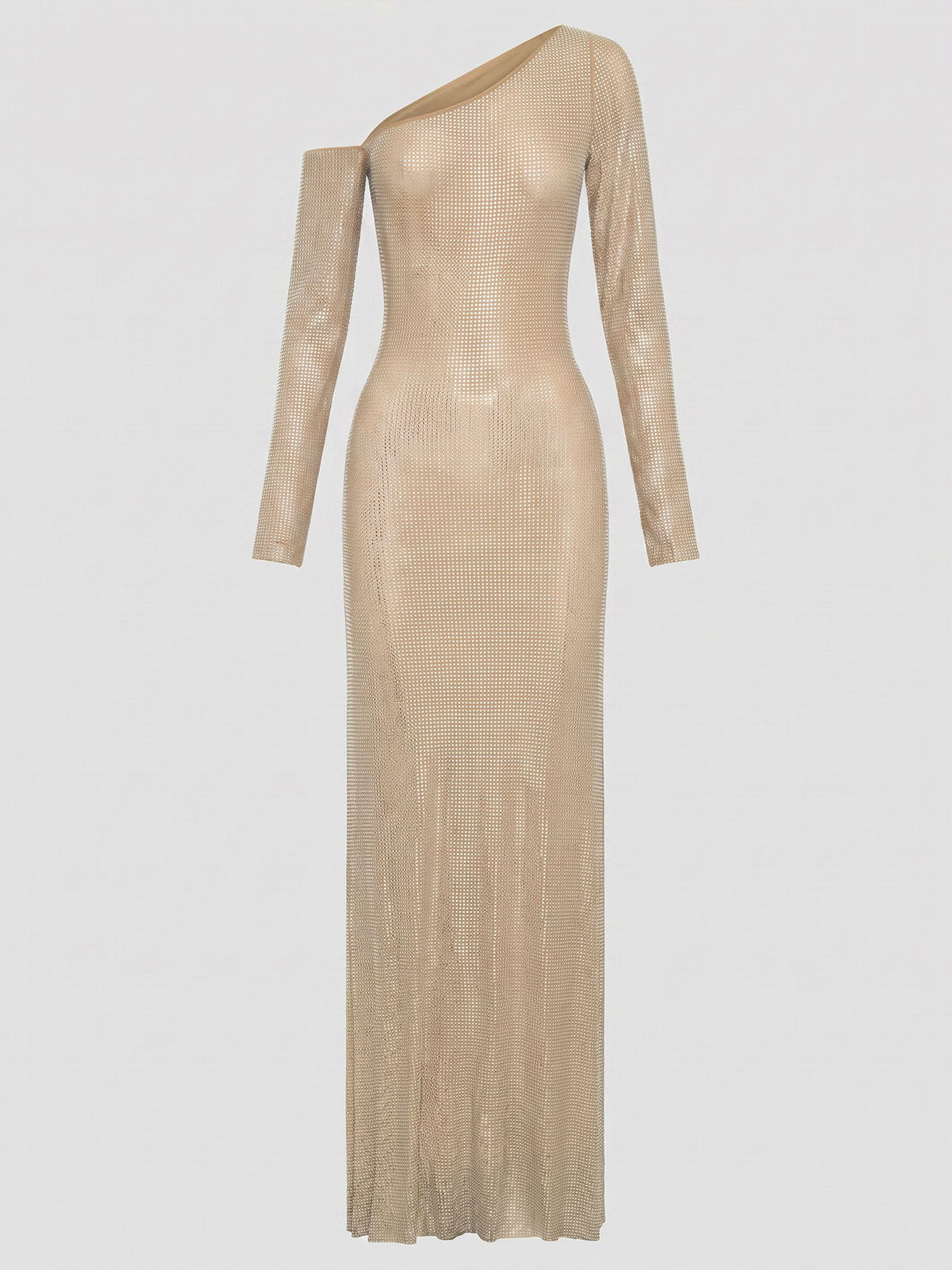 Asymmetrical Long Sleeve Crystal Mesh Fishtail Maxi Dress - Champagne
