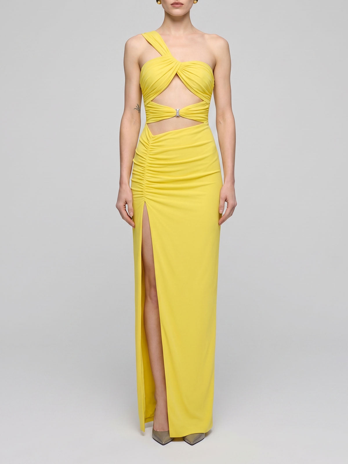 Asymmetrical One Shoulder Ruched Mesh Slit Cutout Maxi Dress - Yellow