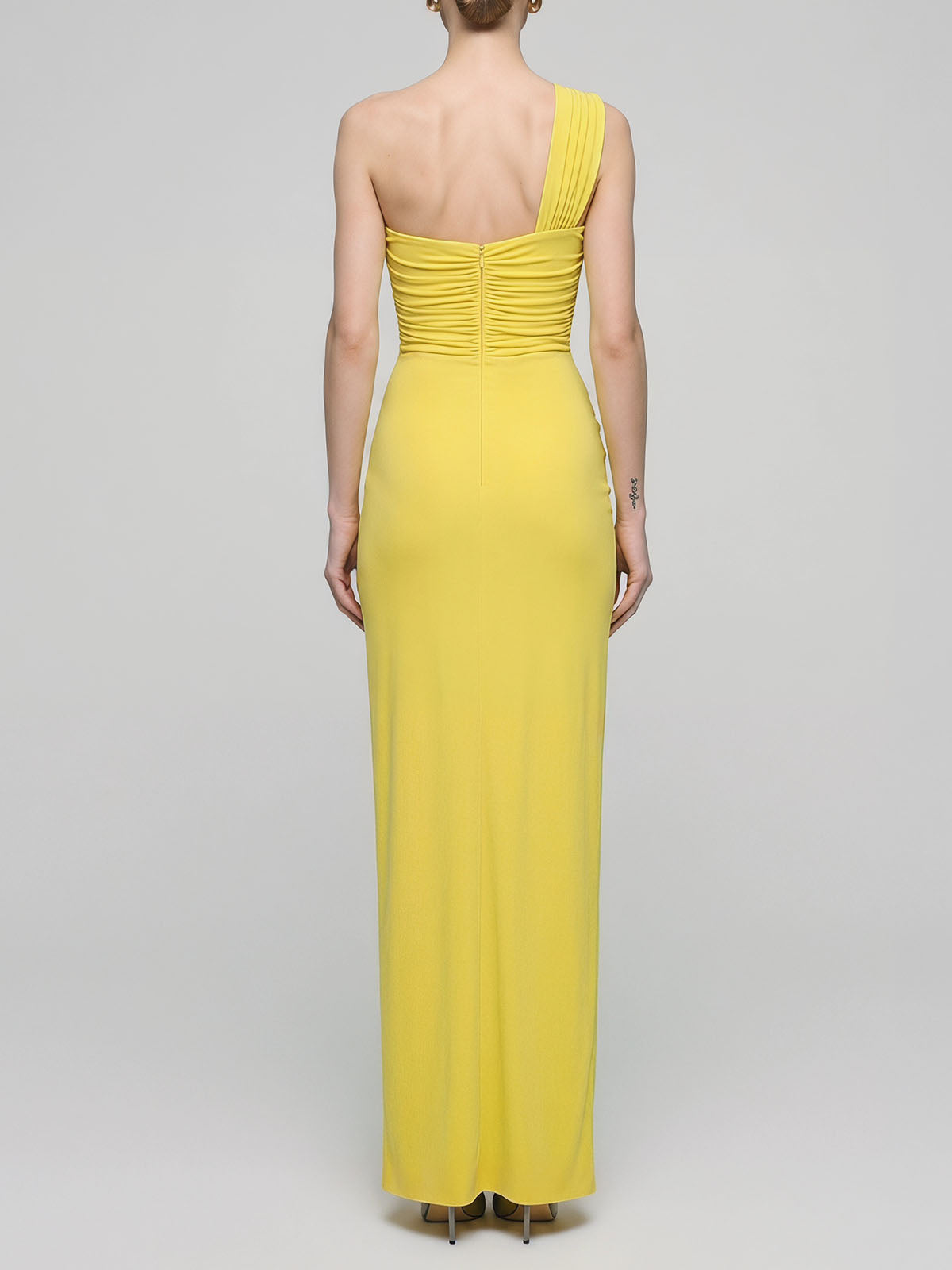 Asymmetrical One Shoulder Ruched Mesh Slit Cutout Maxi Dress - Yellow