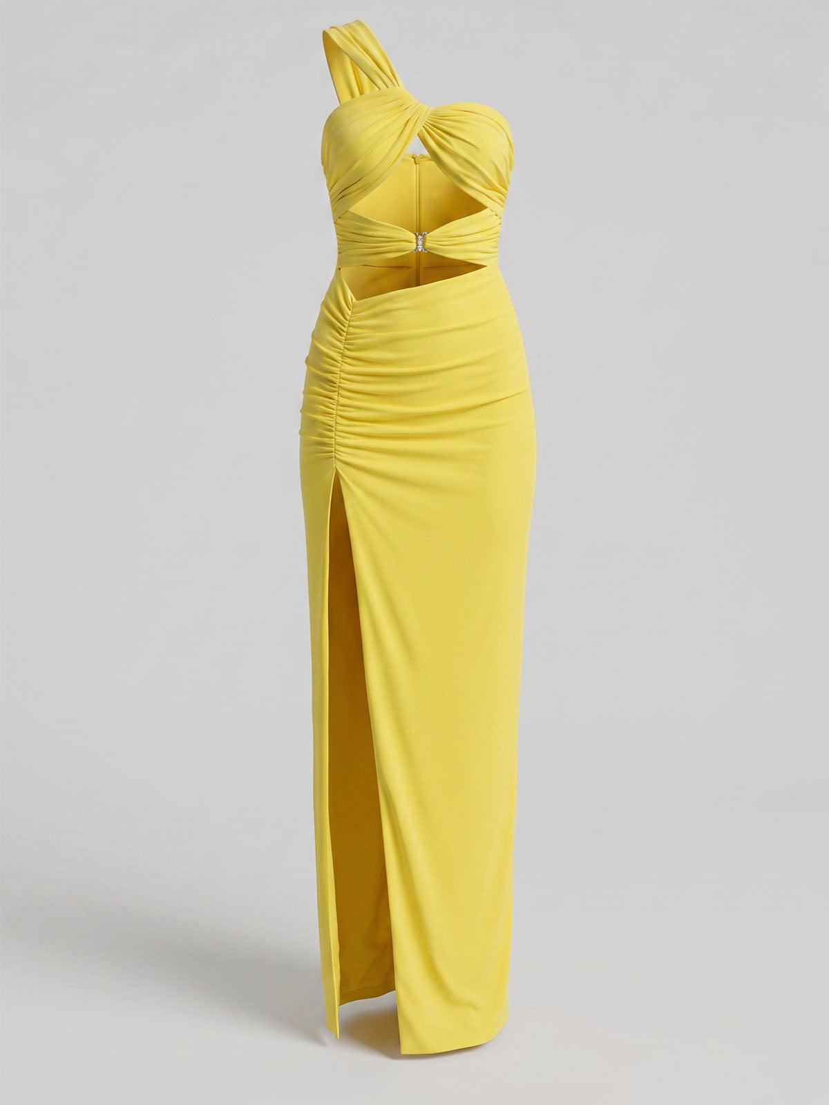 Asymmetrical One Shoulder Ruched Mesh Slit Cutout Maxi Dress - Yellow