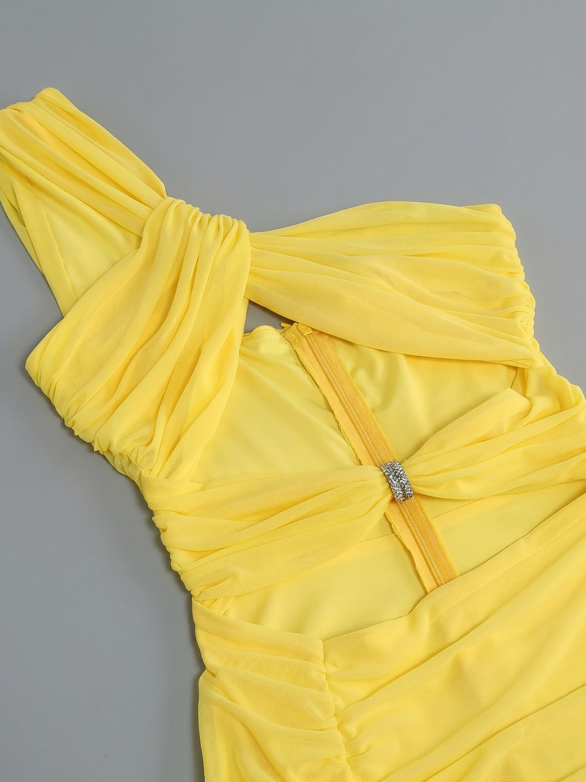 Asymmetrical One Shoulder Ruched Mesh Slit Cutout Maxi Dress - Yellow