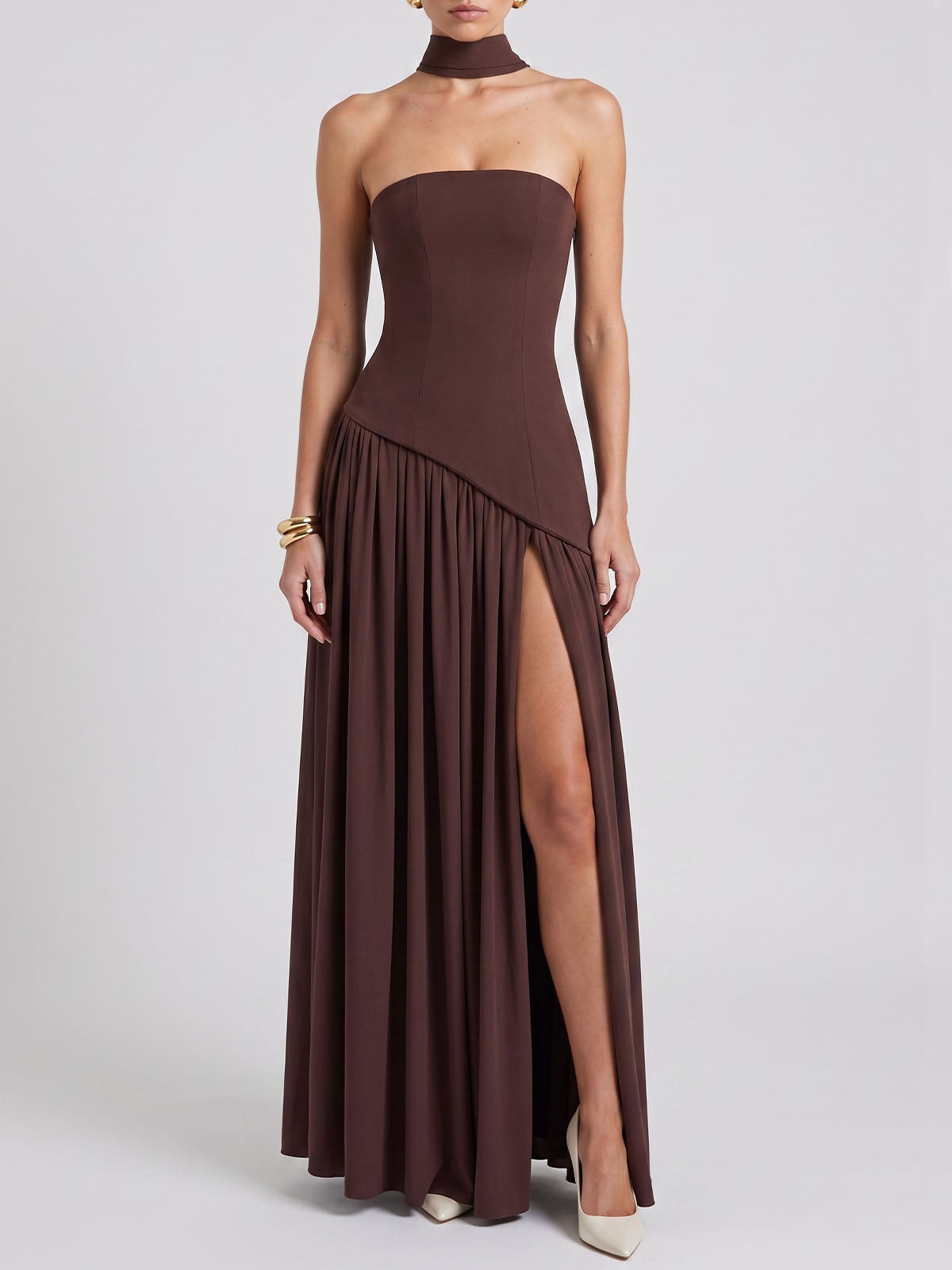 Asymmetrical Panel Split Lace Up Scarf Strapless Maxi Dress - Coffee