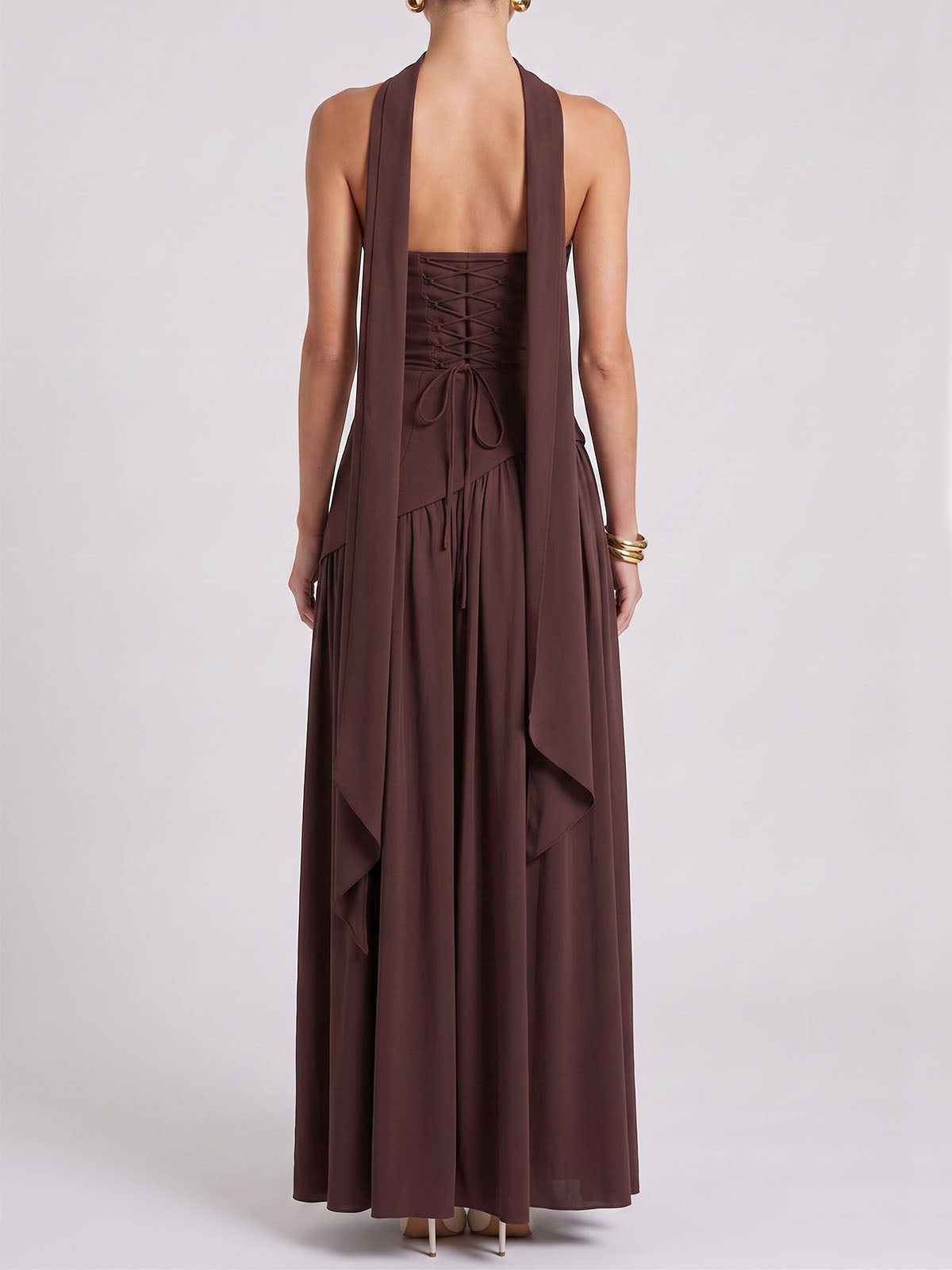 Asymmetrical Panel Split Lace Up Scarf Strapless Maxi Dress - Coffee