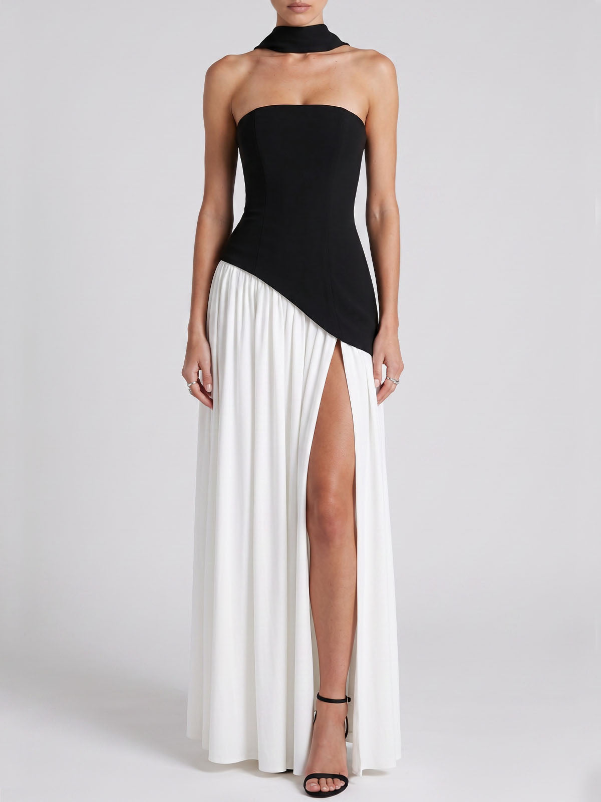 Asymmetrical Panel Split Lace Up Scarf Strapless Maxi Dress - White