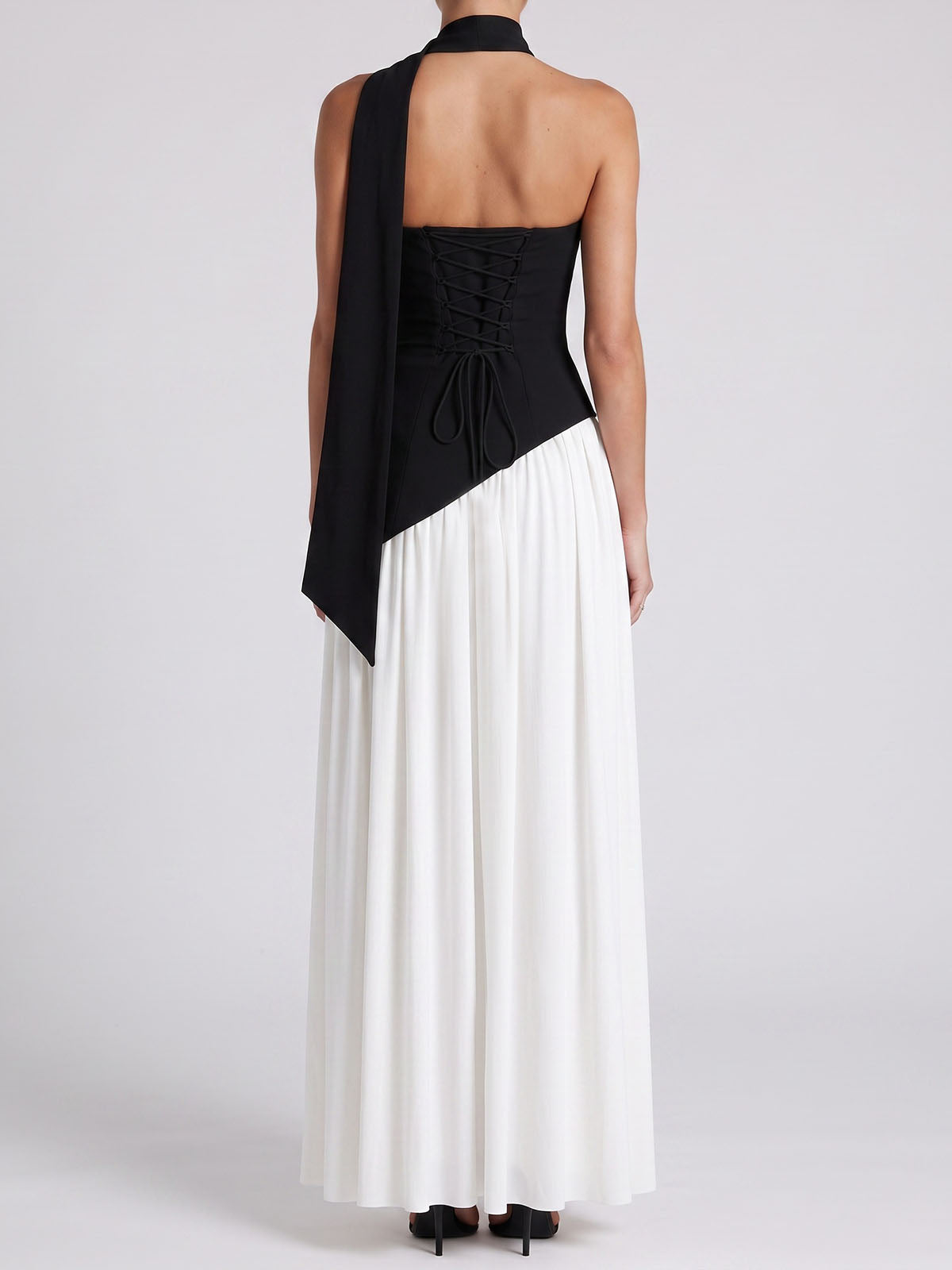 Asymmetrical Panel Split Lace Up Scarf Strapless Maxi Dress - White