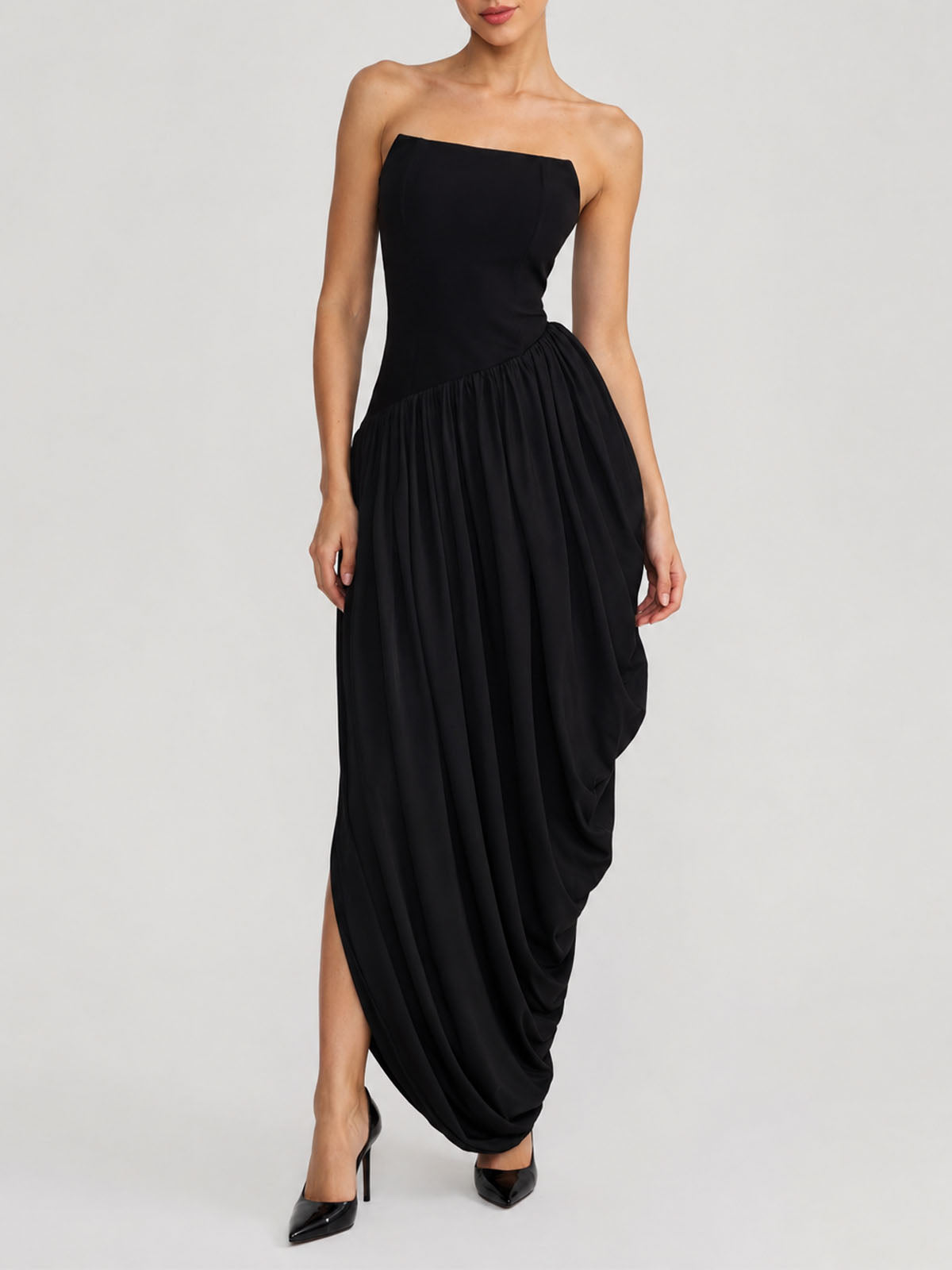 Asymmetrical Ruched Strapless Semi Formal Cocktail Maxi Dress - Black
