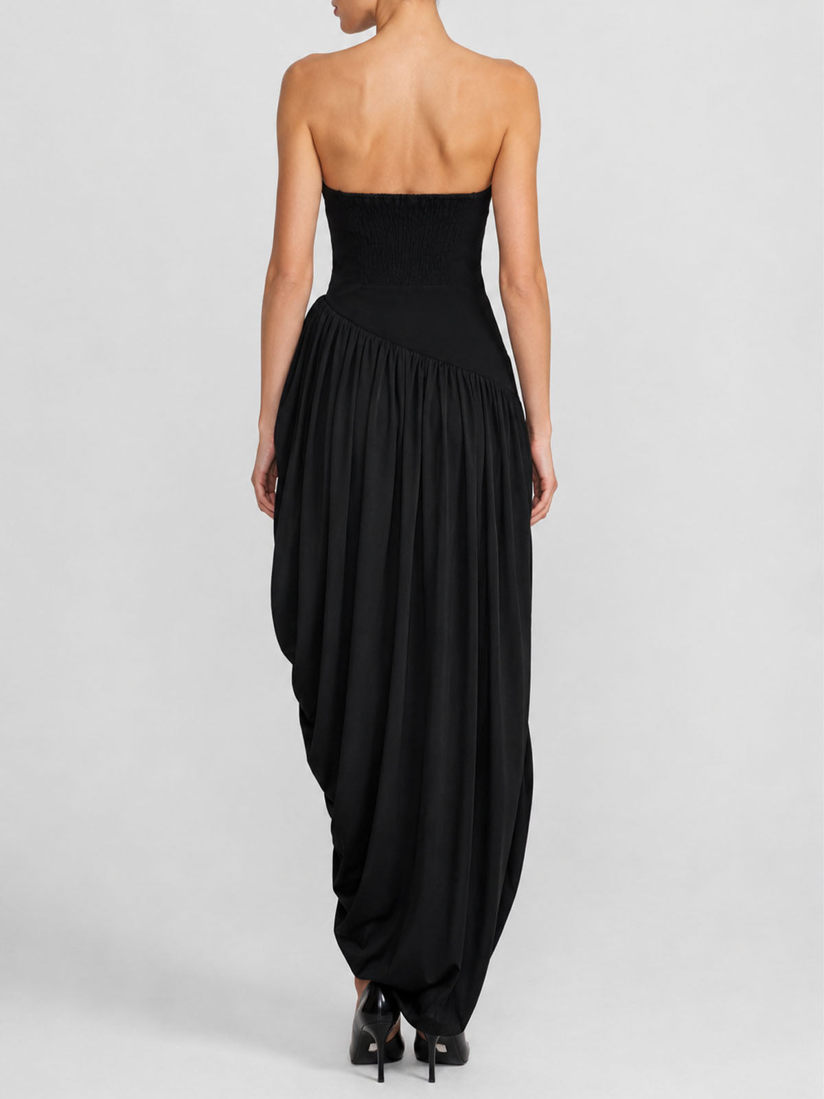 Asymmetrical Ruched Strapless Semi Formal Cocktail Maxi Dress - Black