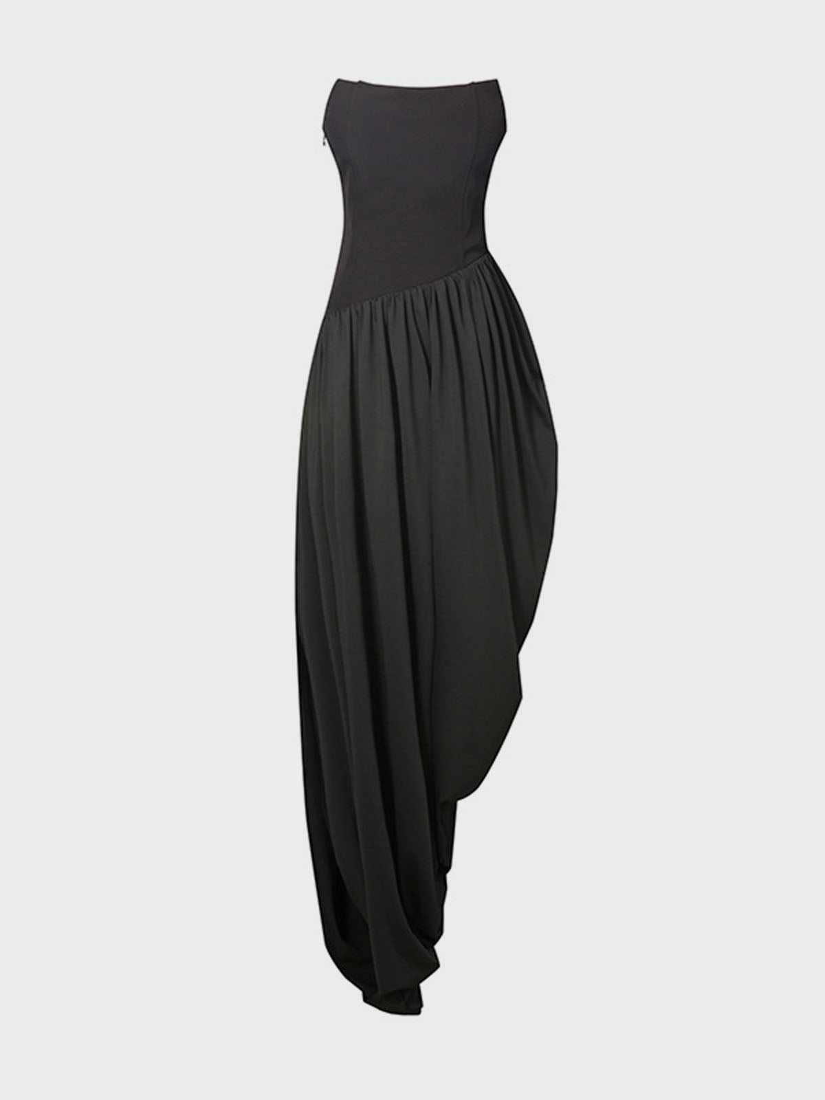 Asymmetrical Ruched Strapless Semi Formal Cocktail Maxi Dress - Black