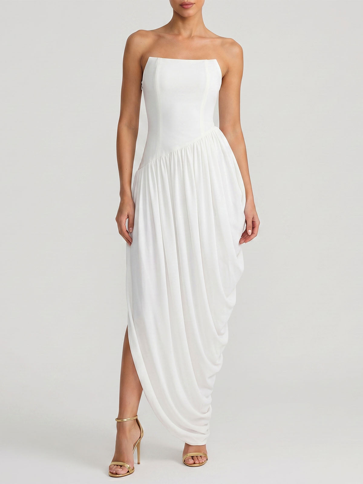 Asymmetrical Ruched Strapless Semi Formal Cocktail Maxi Dress - White