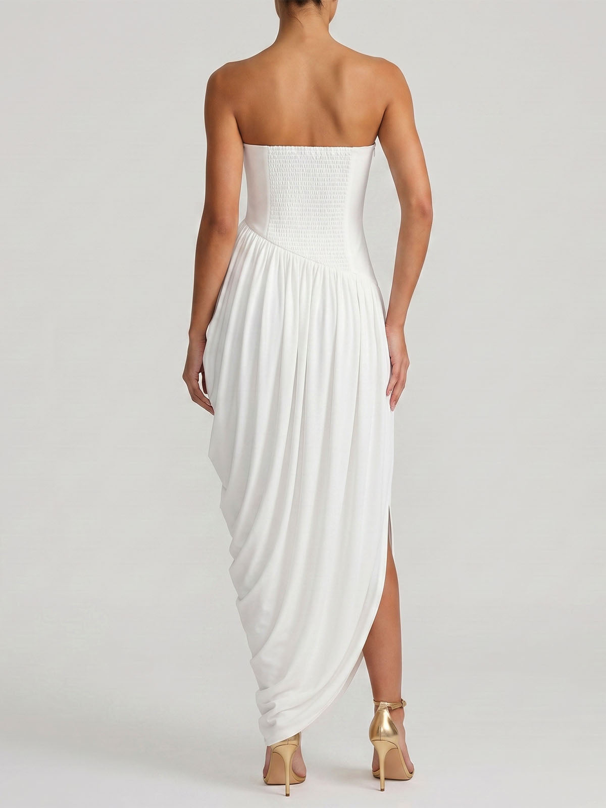 Asymmetrical Ruched Strapless Semi Formal Cocktail Maxi Dress - White