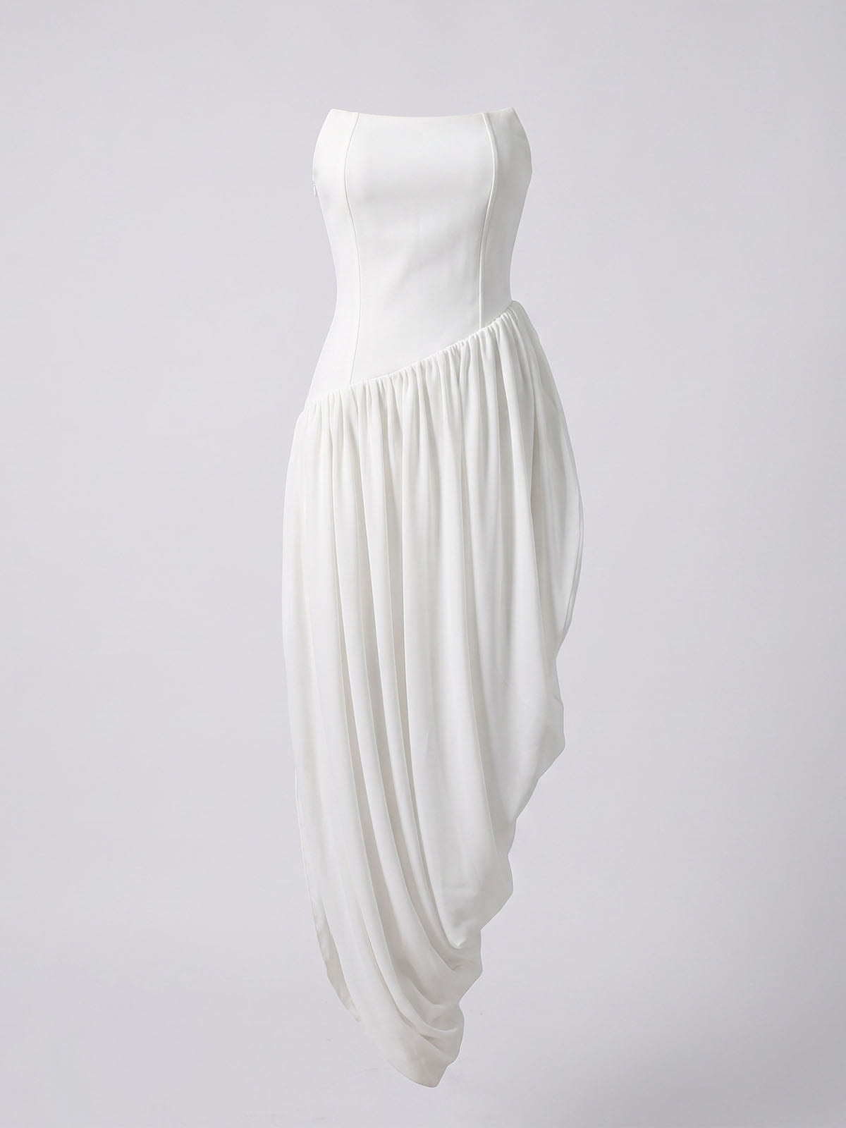 Asymmetrical Ruched Strapless Semi Formal Cocktail Maxi Dress - White