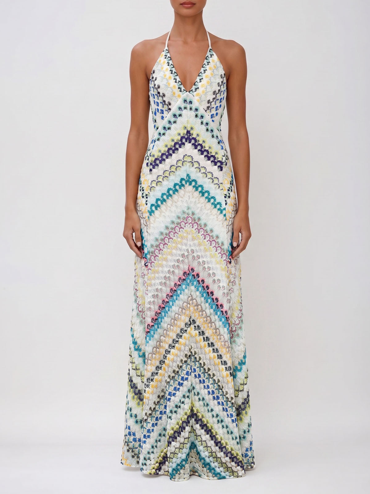 Boho Deep V Cross Back Sleeveless Chevron Crochet Maxi Dress - Blue