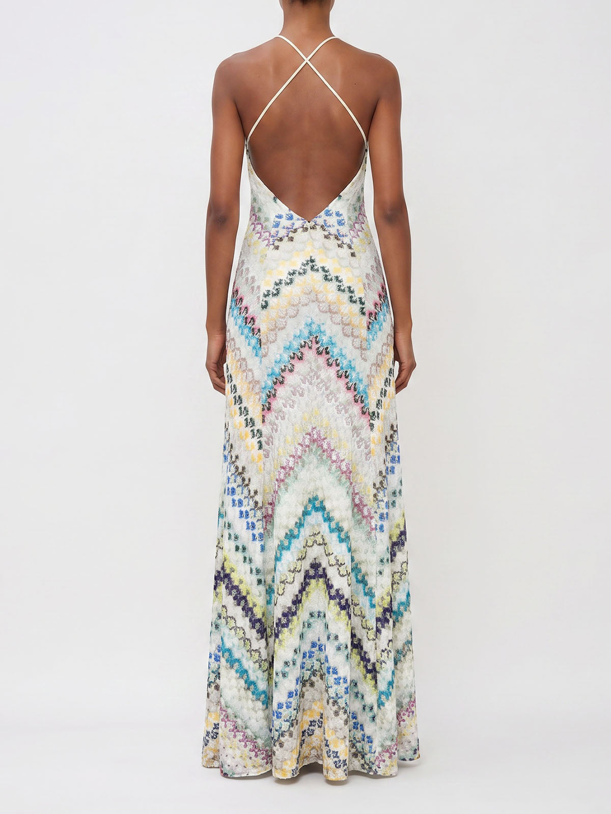 Boho Deep V Cross Back Sleeveless Chevron Crochet Maxi Dress - Blue