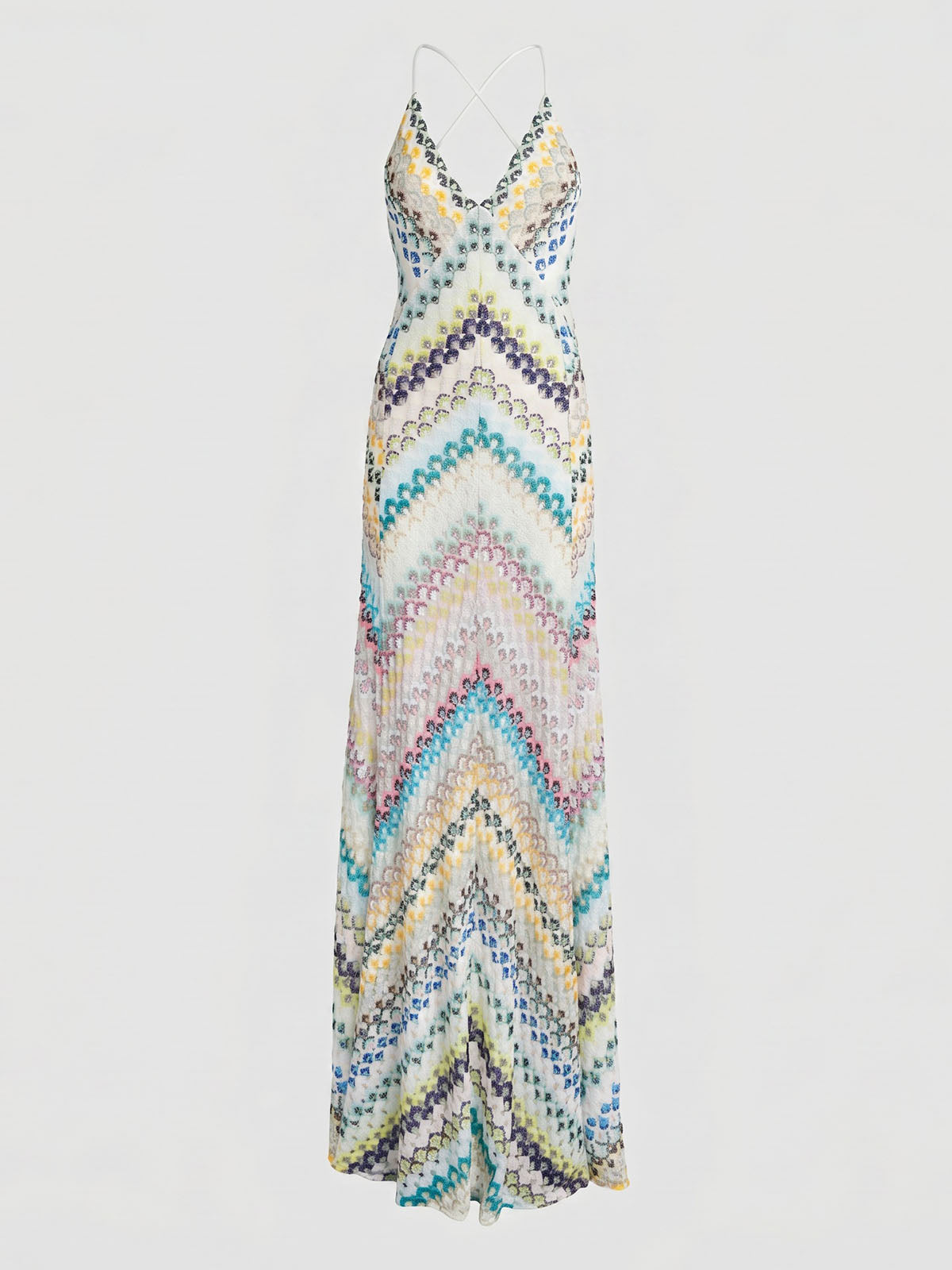Boho Deep V Cross Back Sleeveless Chevron Crochet Maxi Dress - Blue