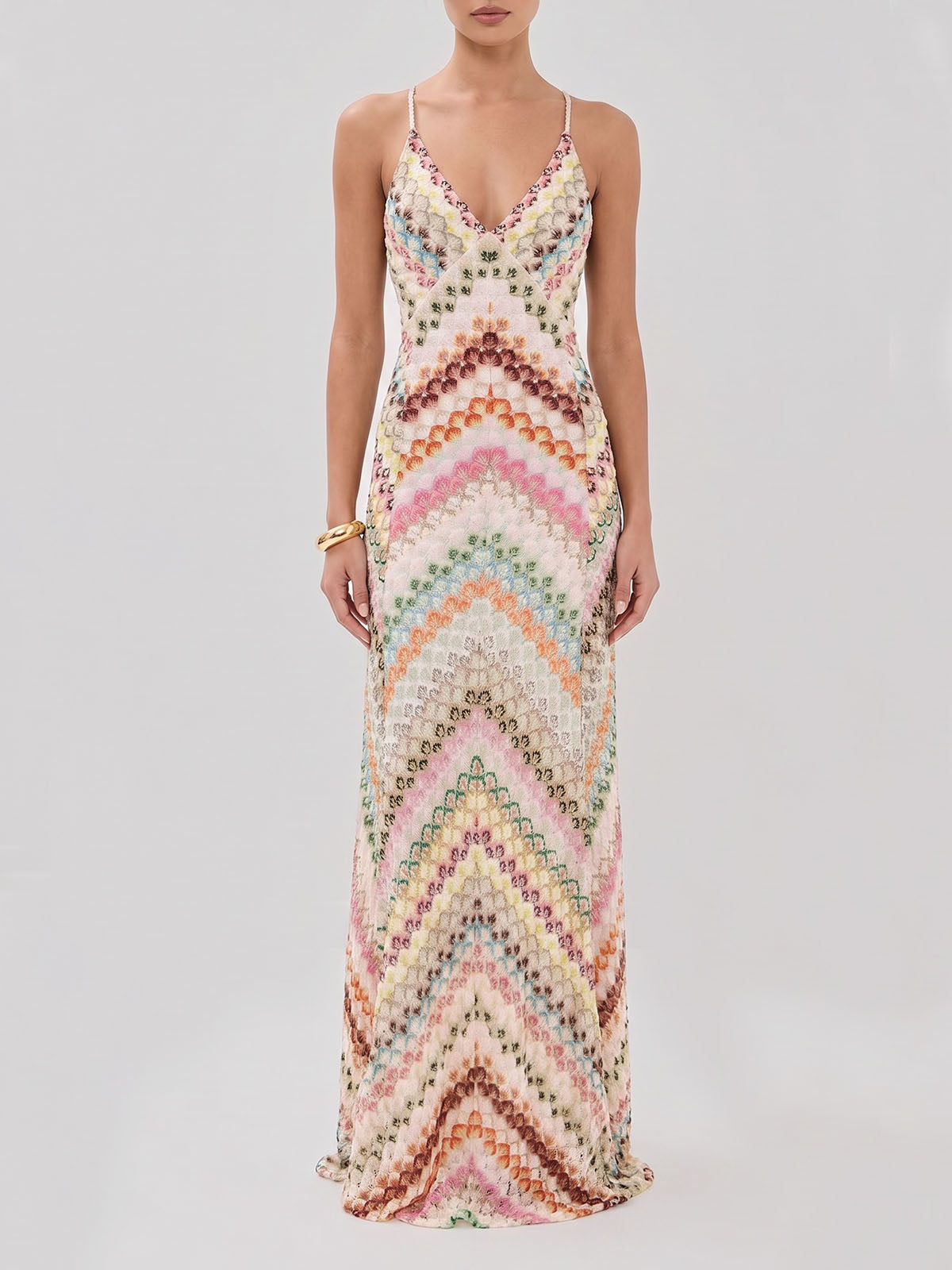 Boho Deep V Cross Back Sleeveless Chevron Crochet Maxi Dress - Pink