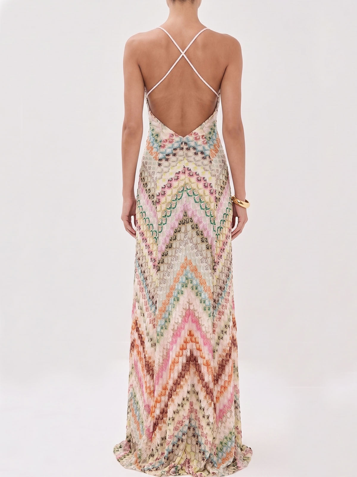 Boho Deep V Cross Back Sleeveless Chevron Crochet Maxi Dress - Pink