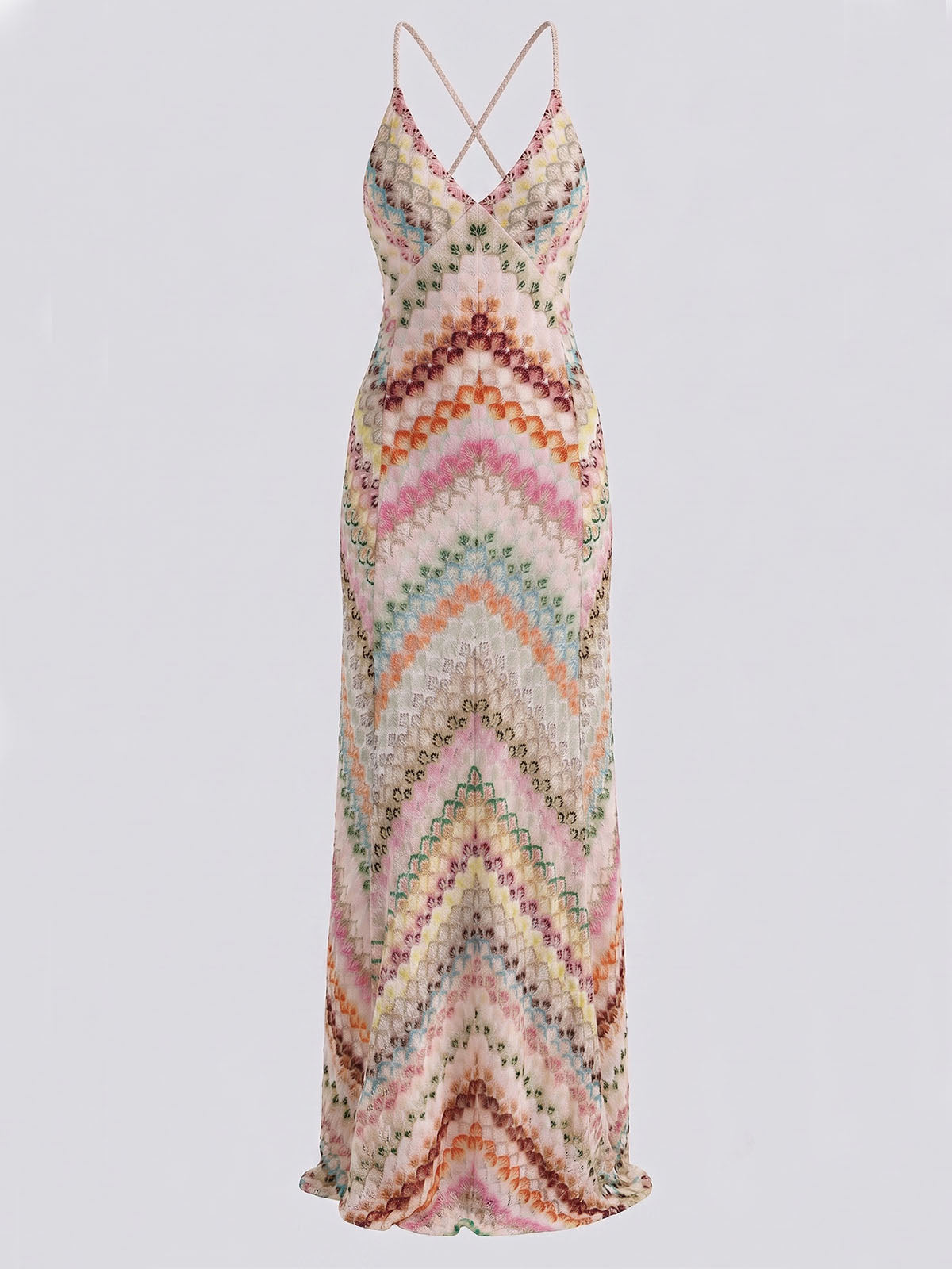 Boho Deep V Cross Back Sleeveless Chevron Crochet Maxi Dress - Pink