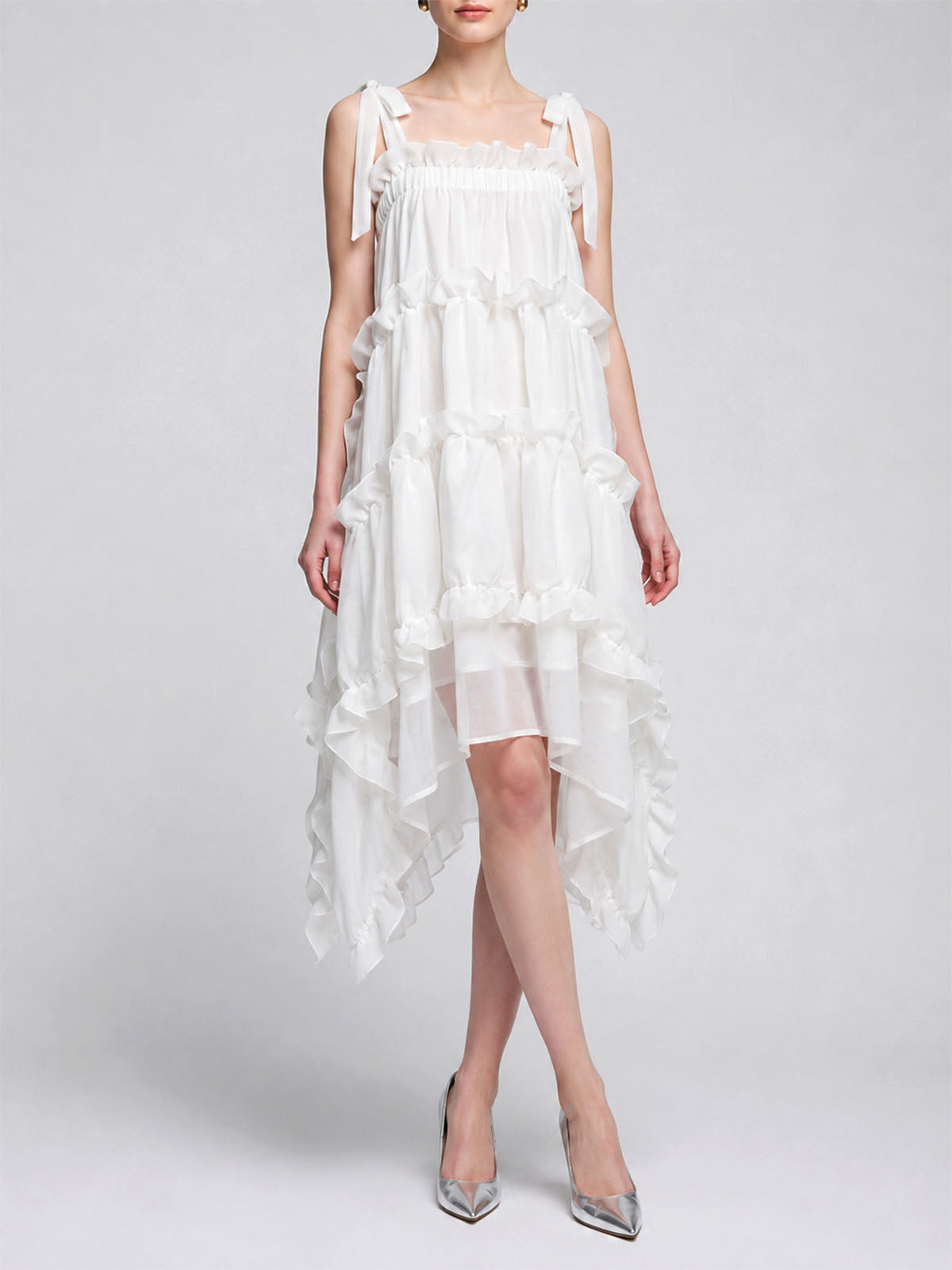 Breezy Tie Shoulder A Line Chiffon Ruffle High Low Sundress - White