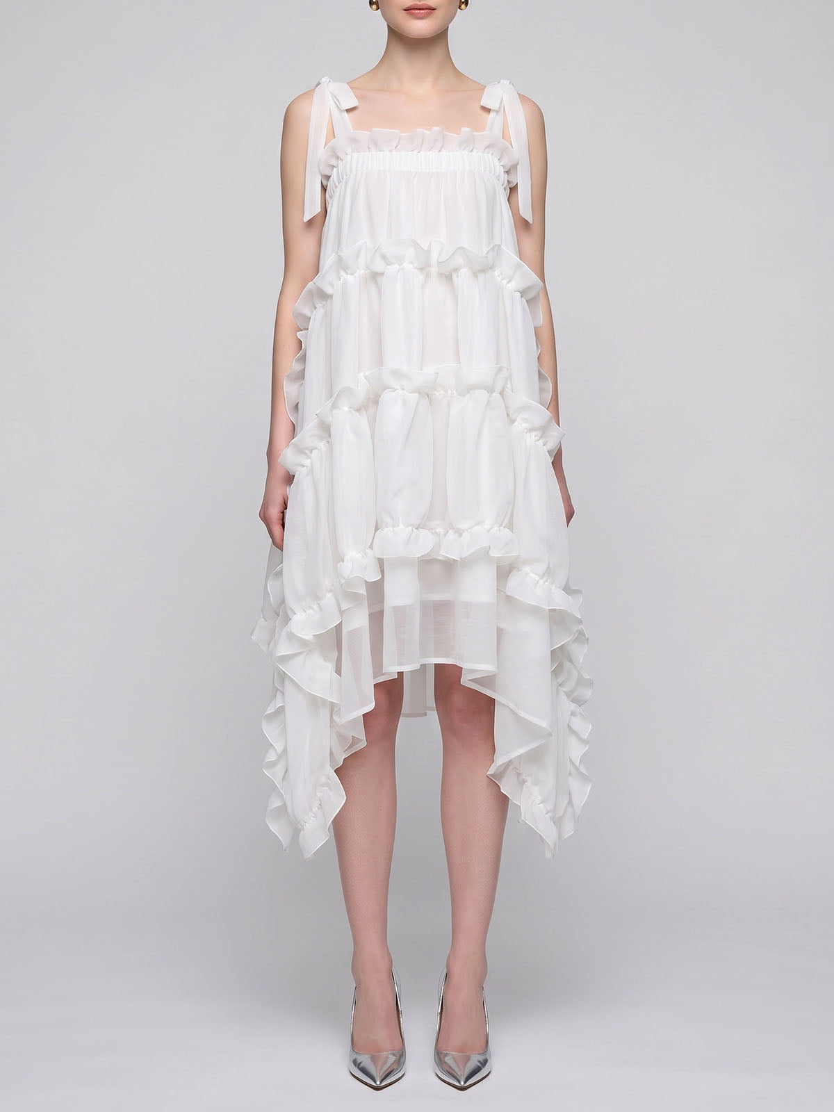 Breezy Tie Shoulder A Line Chiffon Ruffle High Low Sundress - White