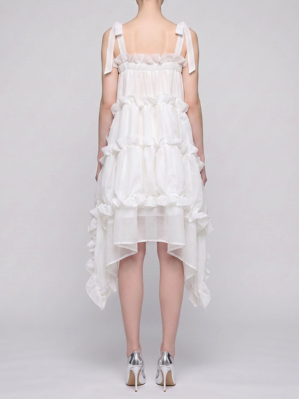 Breezy Tie Shoulder A Line Chiffon Ruffle High Low Sundress - White