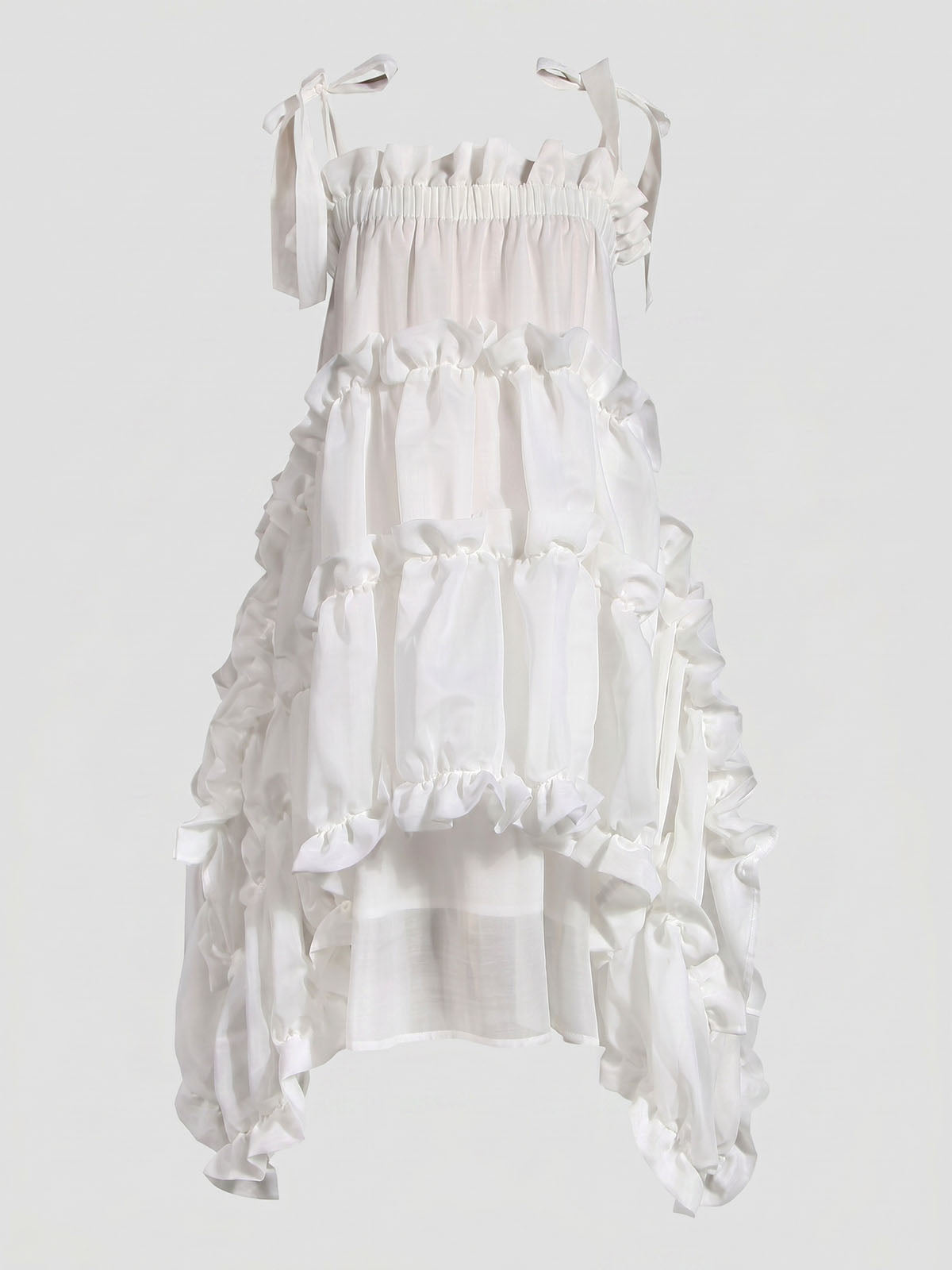 Breezy Tie Shoulder A Line Chiffon Ruffle High Low Sundress - White