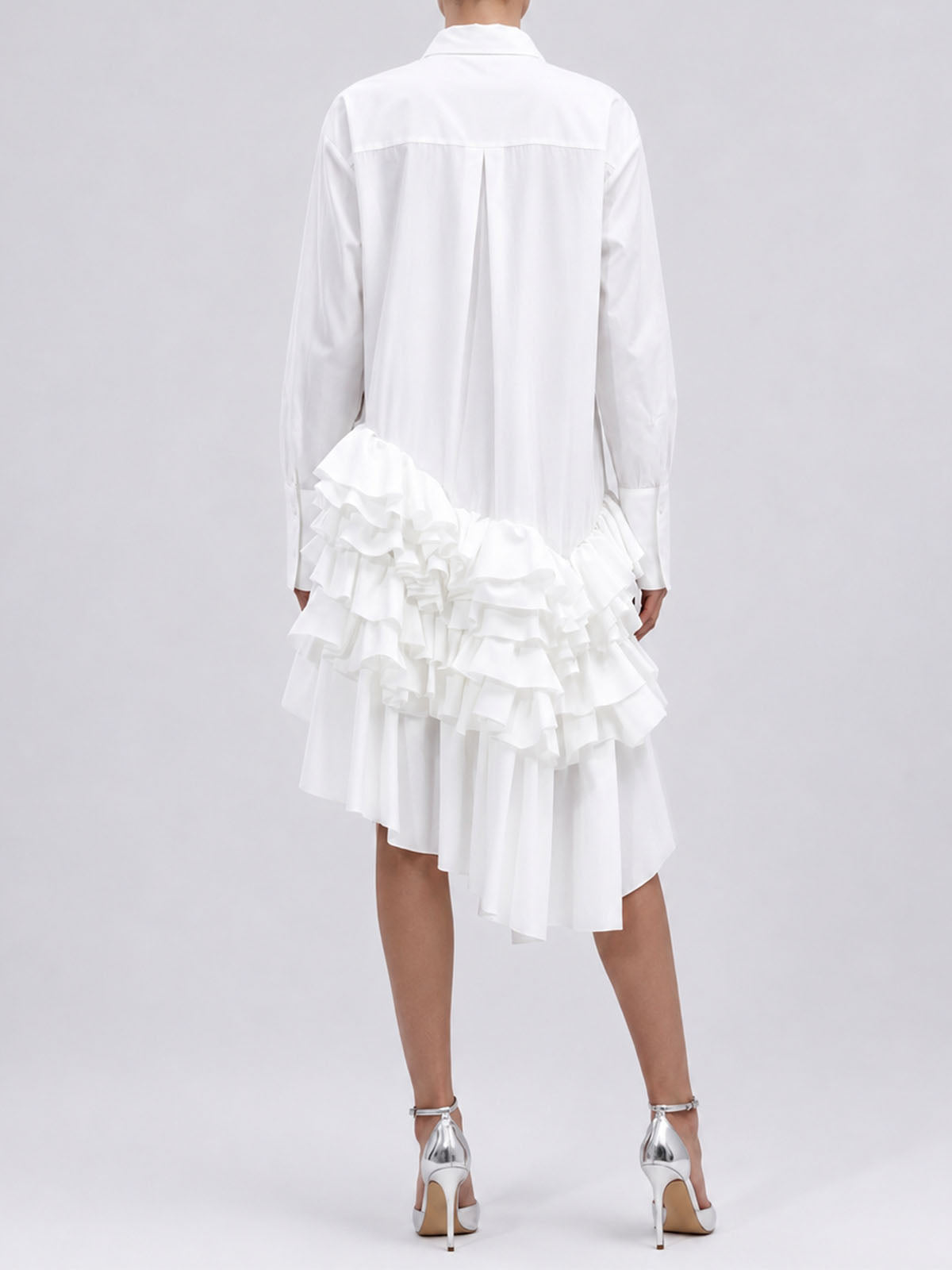Collared Long Sleeve Oversized Tiered Ruffle High Low Shirt Dress - White