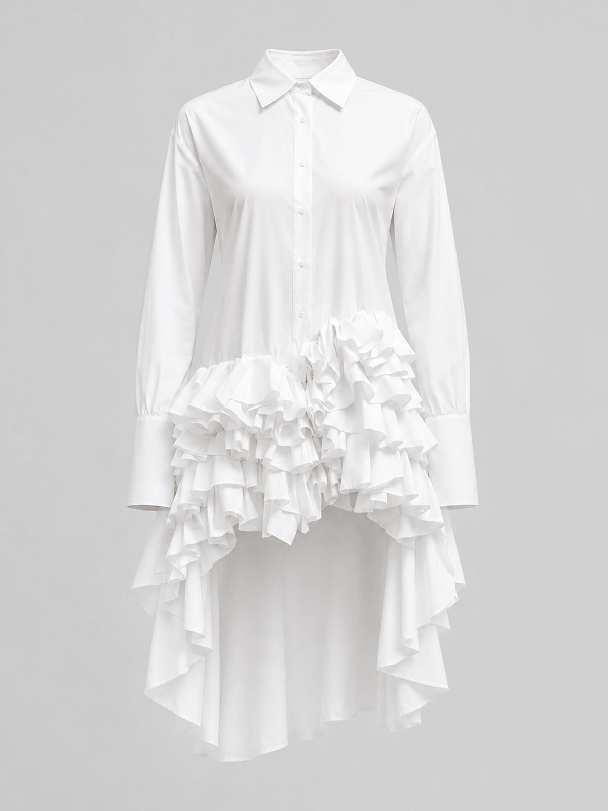 Collared Long Sleeve Oversized Tiered Ruffle High Low Shirt Dress - White