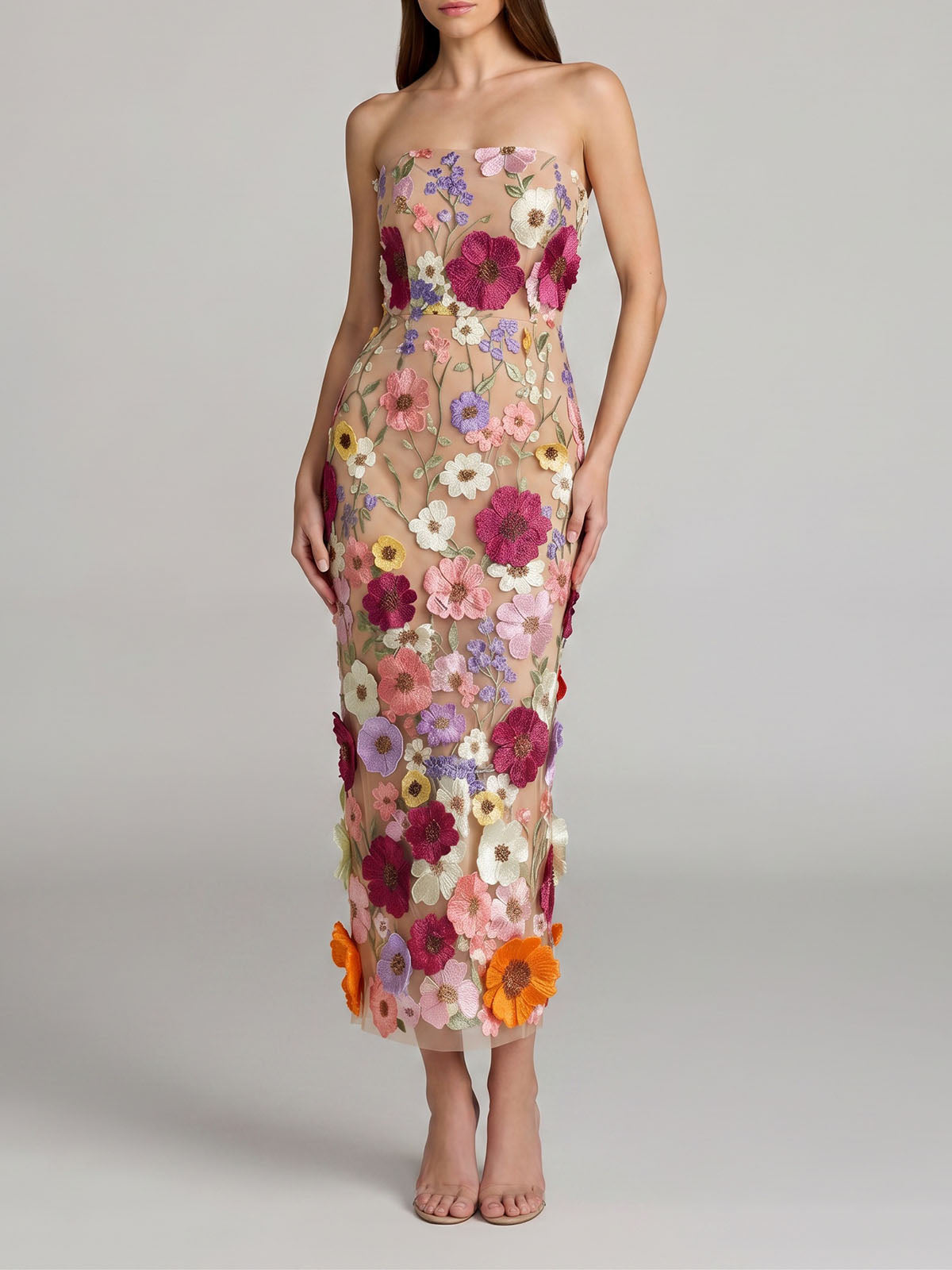 Romantic 3D Flower Embroidered Tulle Strapless Midi Dress - Multicolor