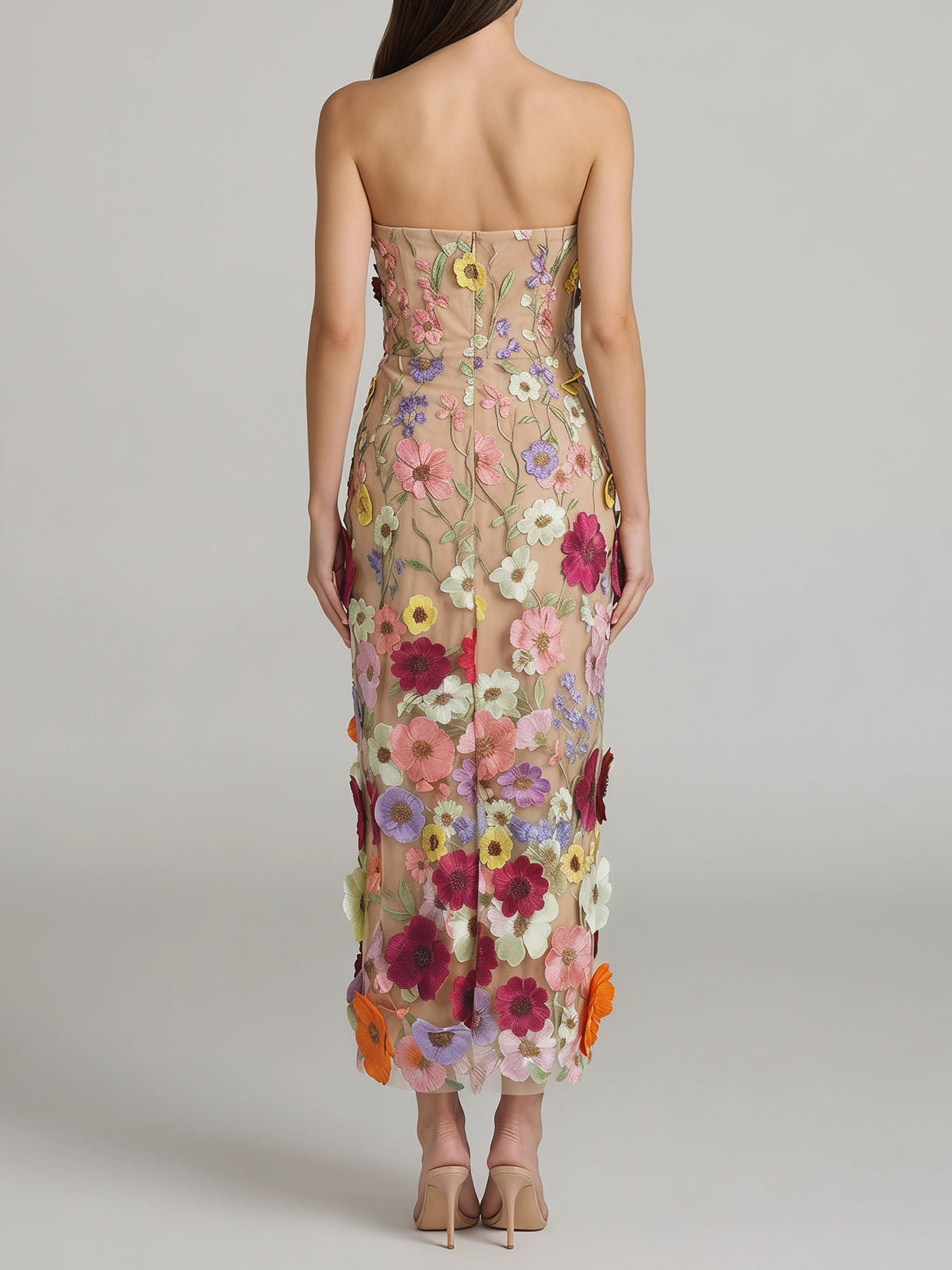 Romantic 3D Flower Embroidered Tulle Strapless Midi Dress - Multicolor
