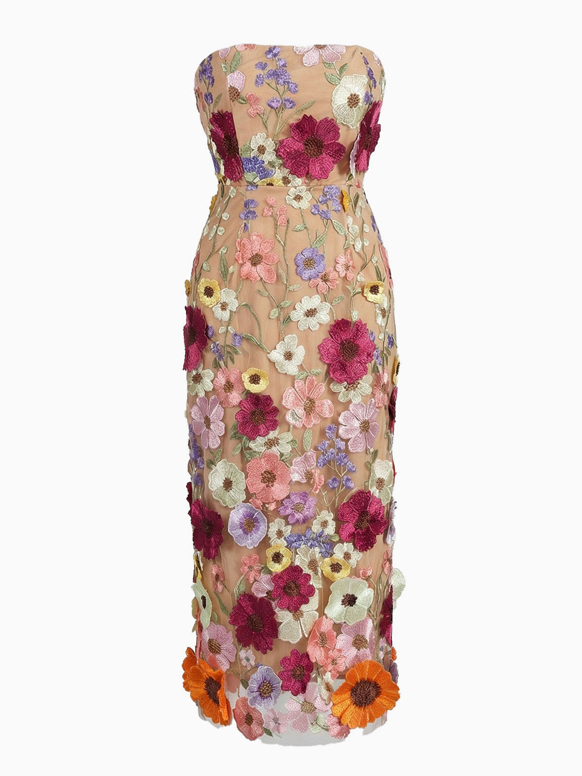 Romantic 3D Flower Embroidered Tulle Strapless Midi Dress - Multicolor
