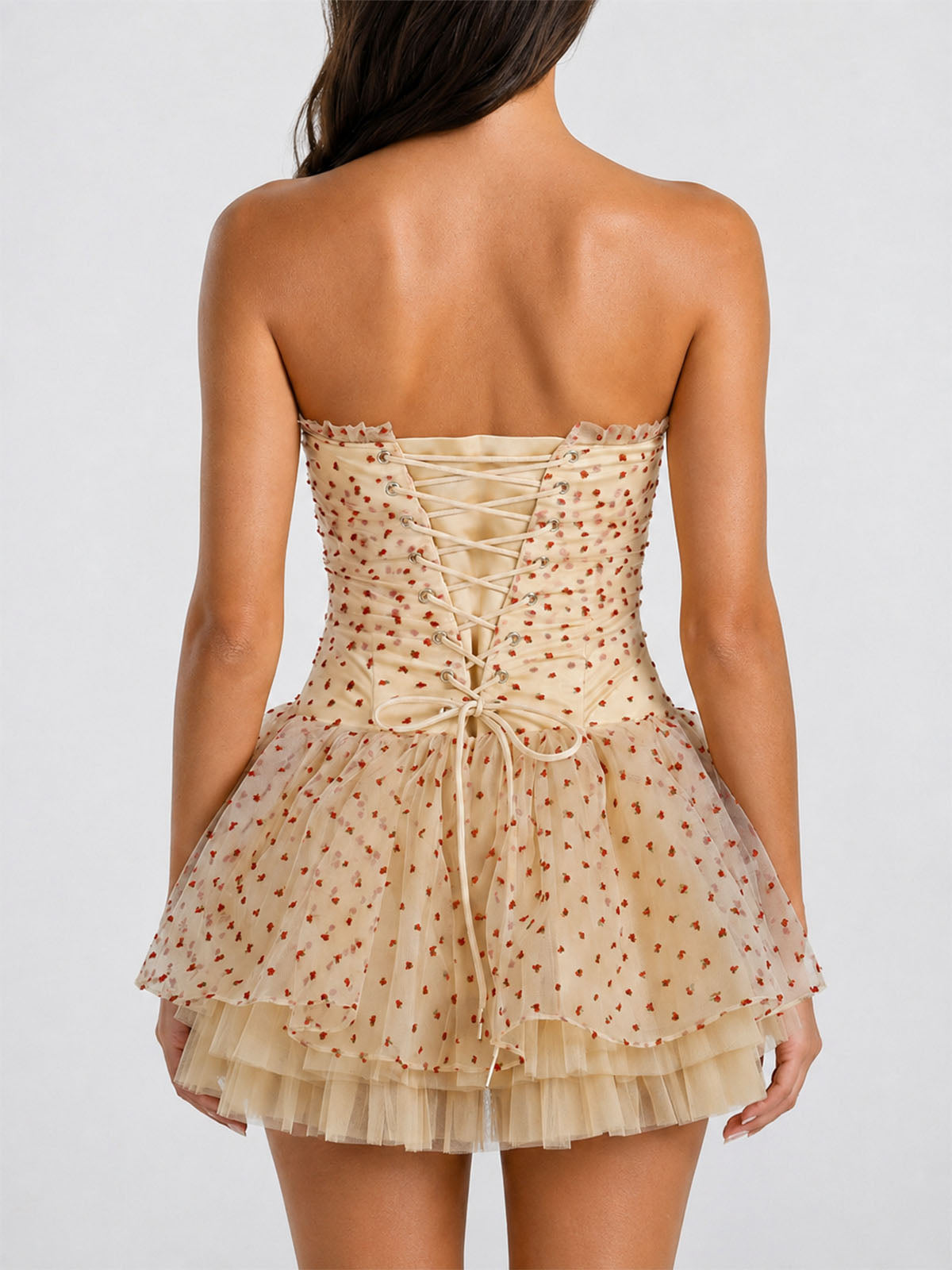 Cute Dotted Tulle Corset Strapless Homecoming Mini Dress - Yellow