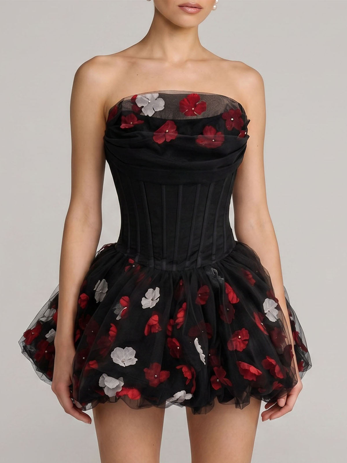 Cute Flower Tulle Bubble Hem Corset Strapless Mini Dress - Black