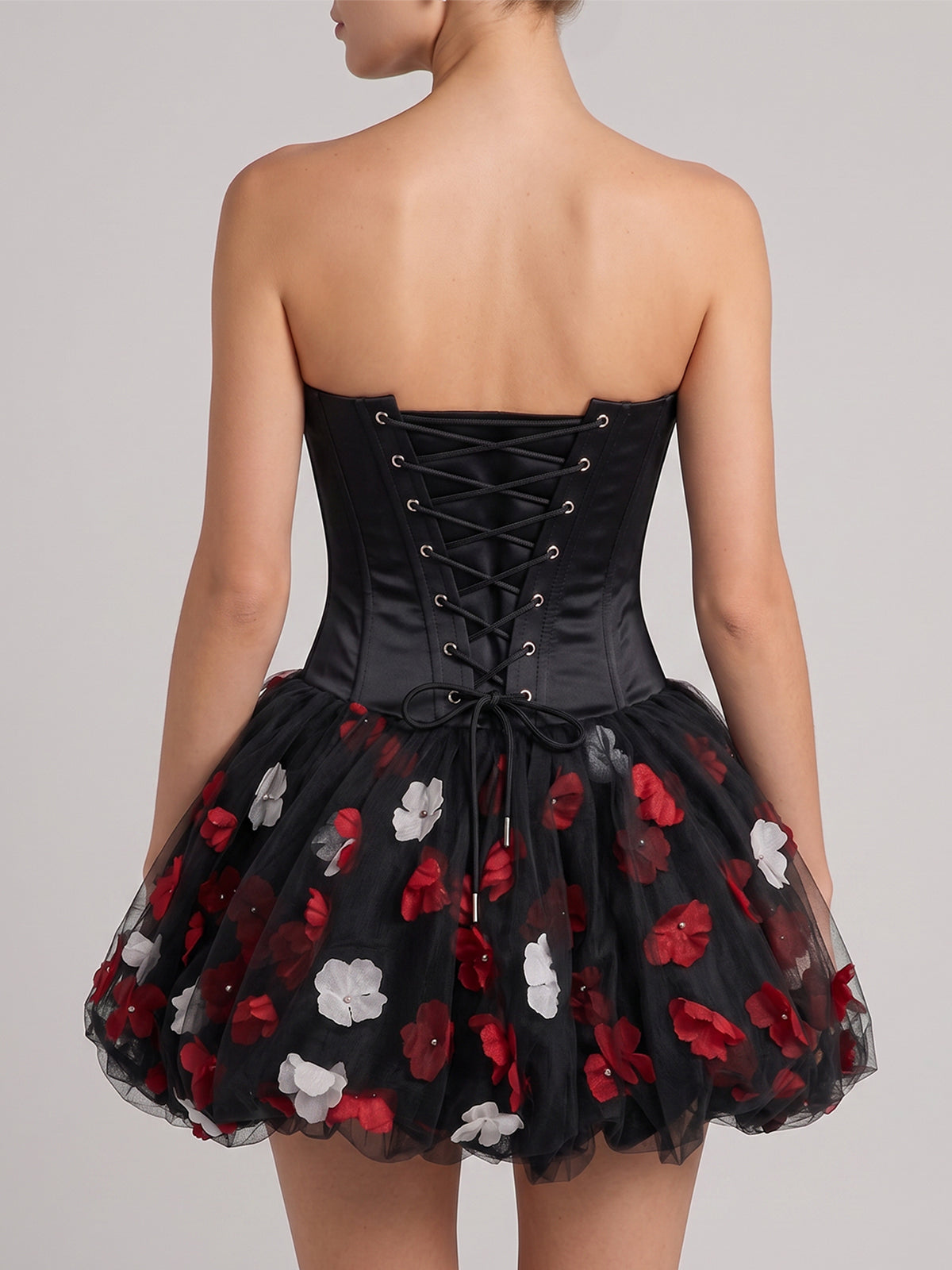 Cute Flower Tulle Bubble Hem Corset Strapless Mini Dress - Black
